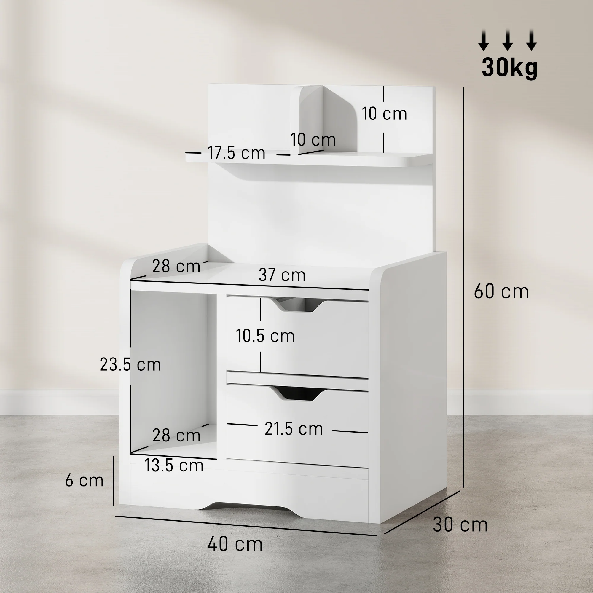 Bedside Table, Small Bedside Cabinet with 2 Drawers and Storage Shelves, Modern Nightstand for Bedroom, High Gloss White - Image 5