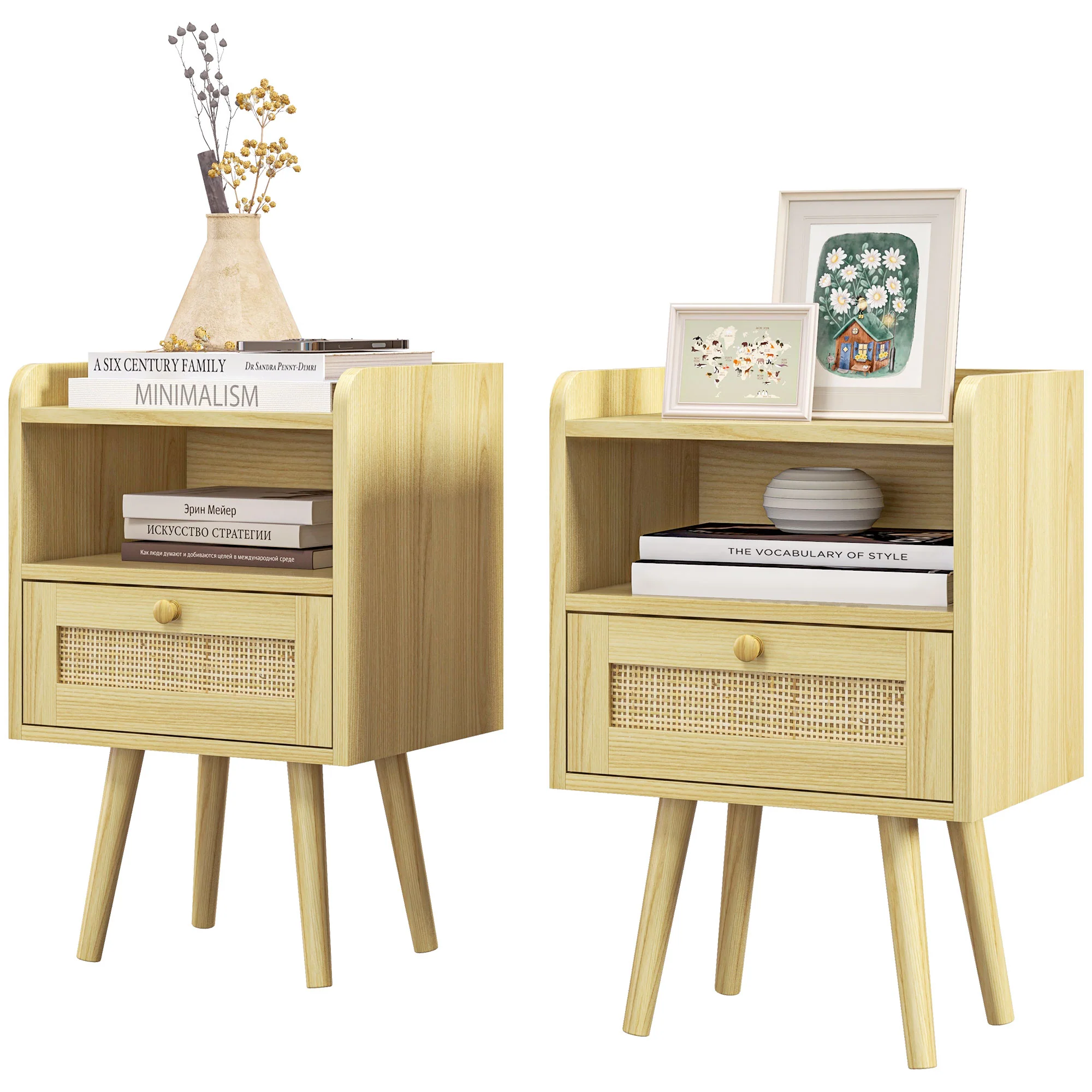 Bedside Tables Set of 2, Boho Styled Nightstand with Rattan Accent, Natural Wood Finish - Image 2