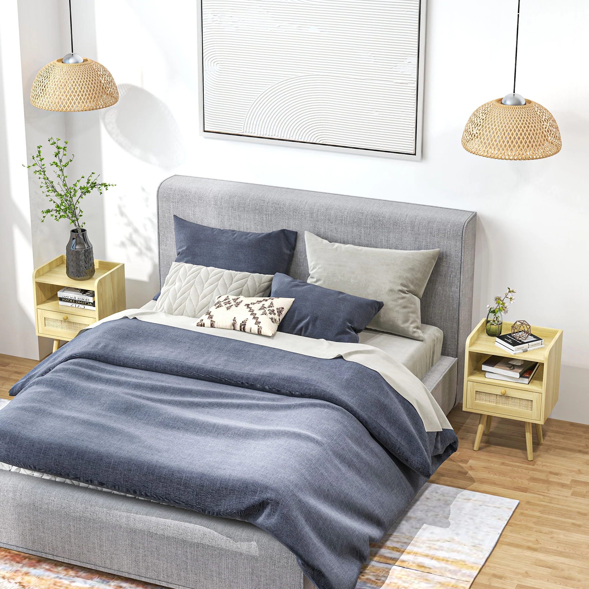 Bedside Tables Set of 2, Boho Styled Nightstand with Rattan Accent, Natural Wood Finish - Image 4