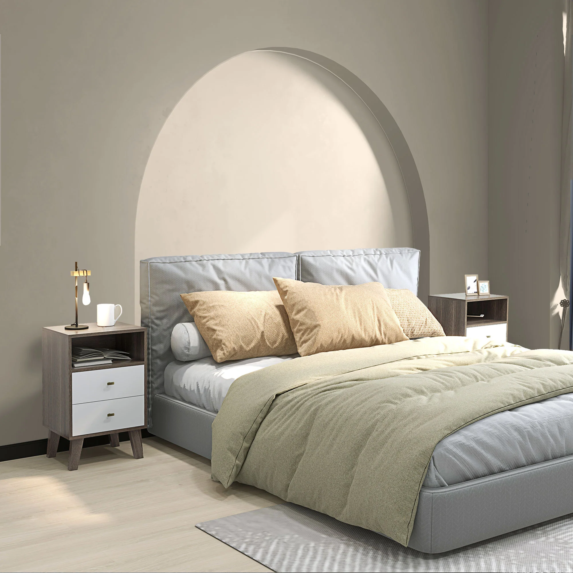 Bedside Tables Set of 2, Modern Nightstand with 2 Drawers and Open Cubby, Grey - Image 3