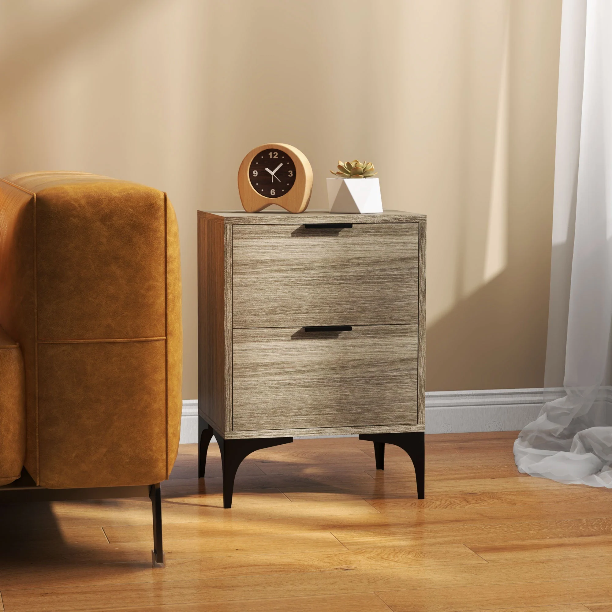 Bedside Tables Set of 2 with Drawers & Steel Legs, Sofa End Tables for Living Room, Grey - Image 11