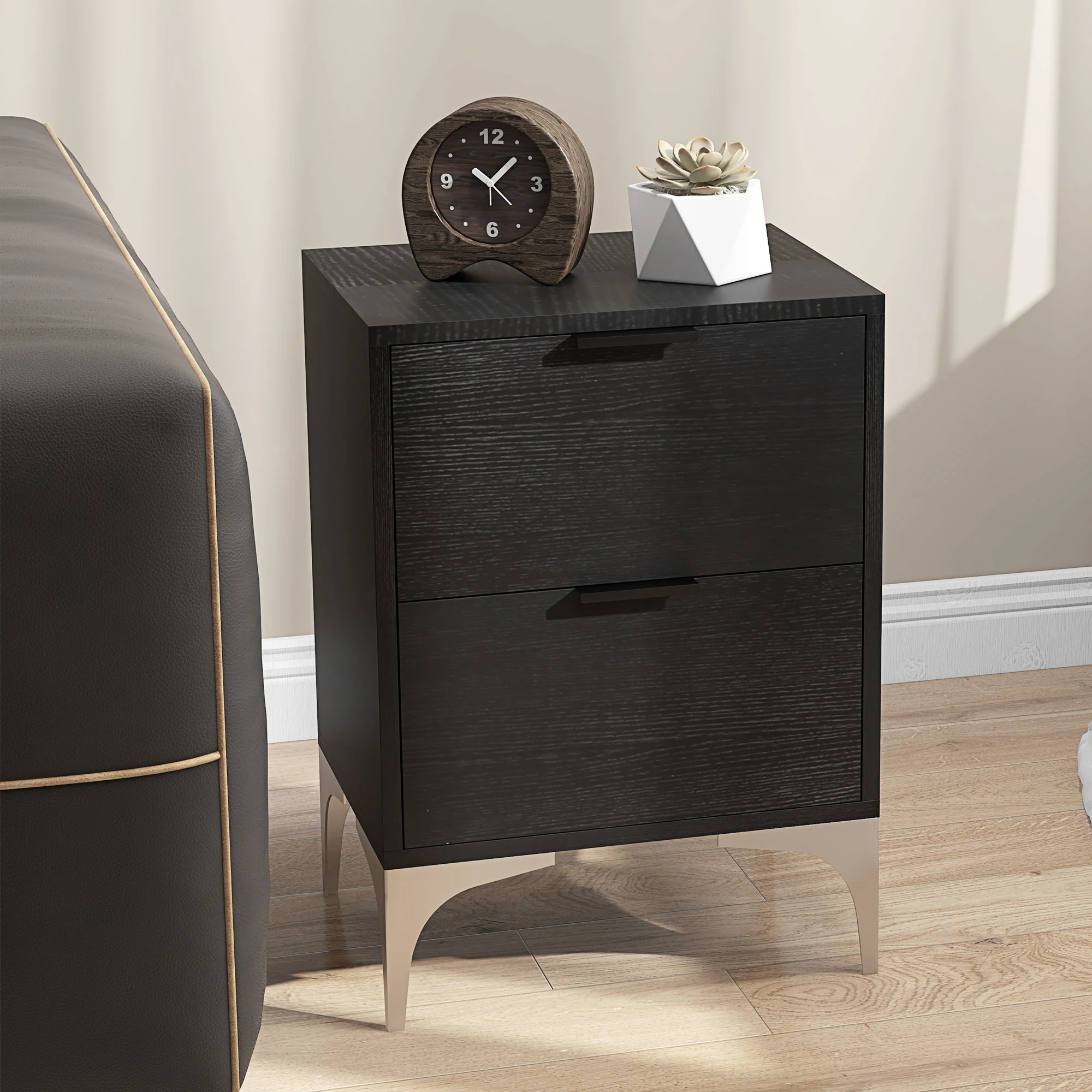 Bedside Tables Set of 2 with Drawers & Steel Legs, Sofa End Tables for Living Room, Black - Image 10