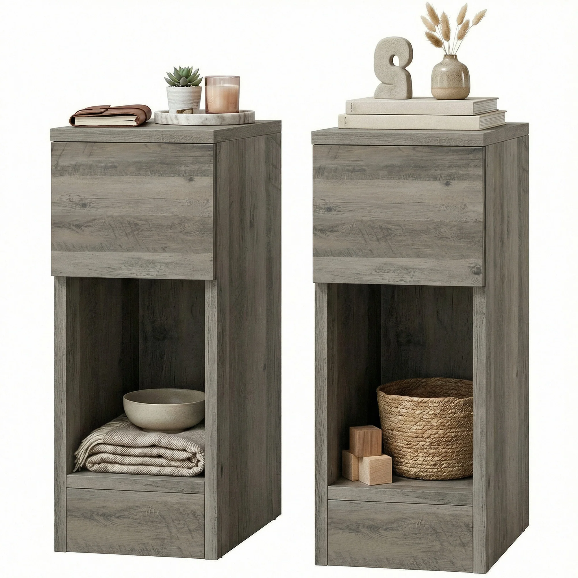 Bedside Tables Set of 2, Modern Side Tables with Drawer and Shelf, Nightstands for Bedroom, Living Room, Grey - Image 2