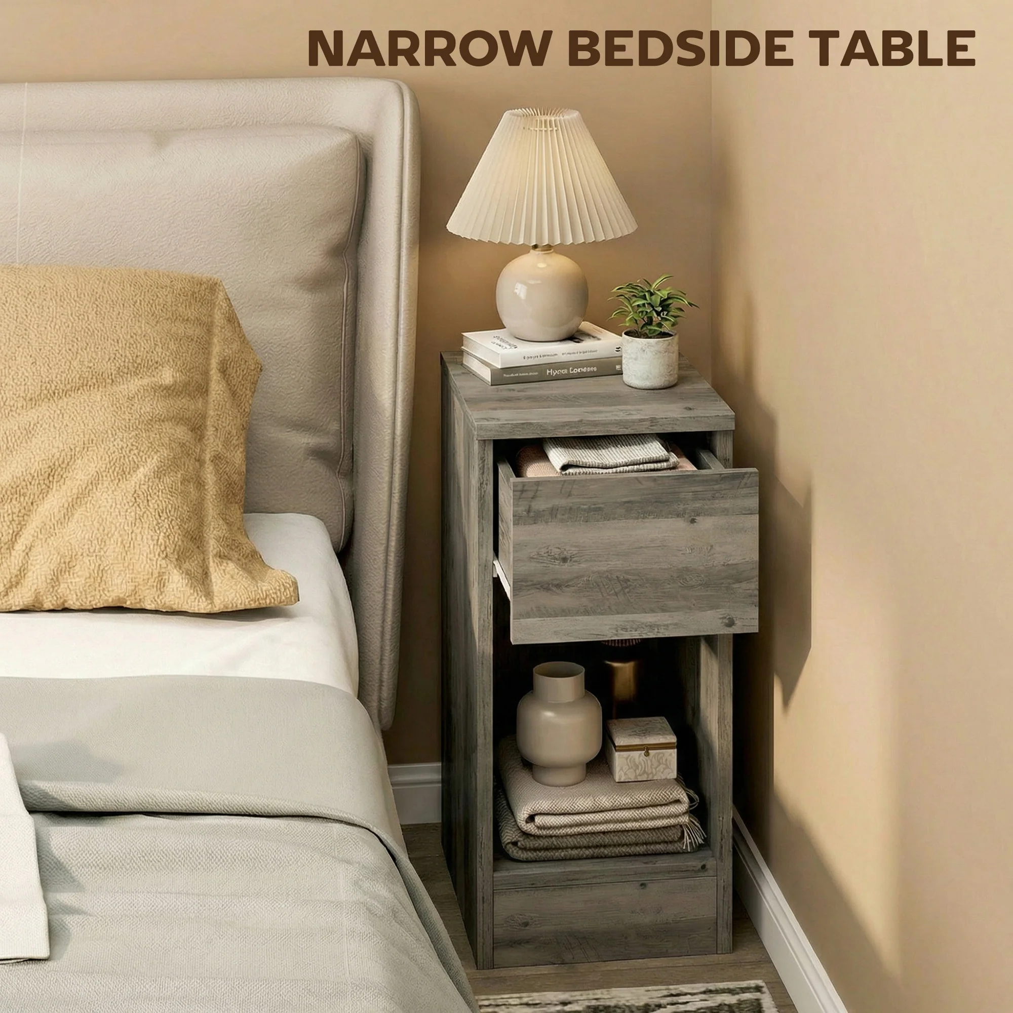 Bedside Tables Set of 2, Modern Side Tables with Drawer and Shelf, Nightstands for Bedroom, Living Room, Grey - Image 7