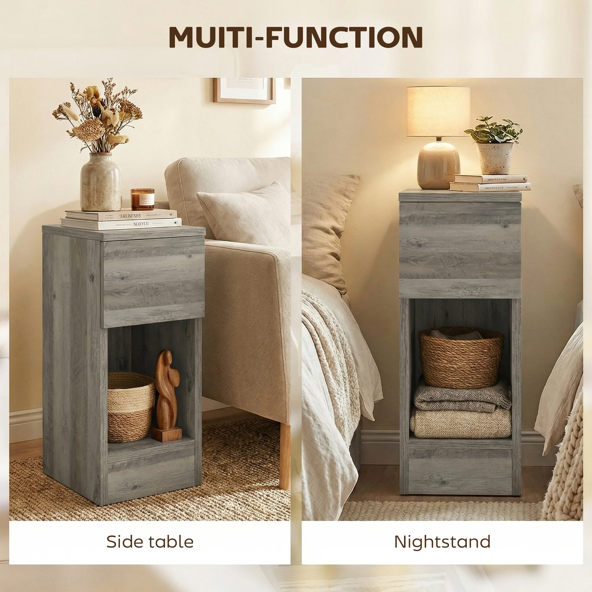 Bedside Tables Set of 2, Modern Side Tables with Drawer and Shelf, Nightstands for Bedroom, Living Room, Grey - Image 8