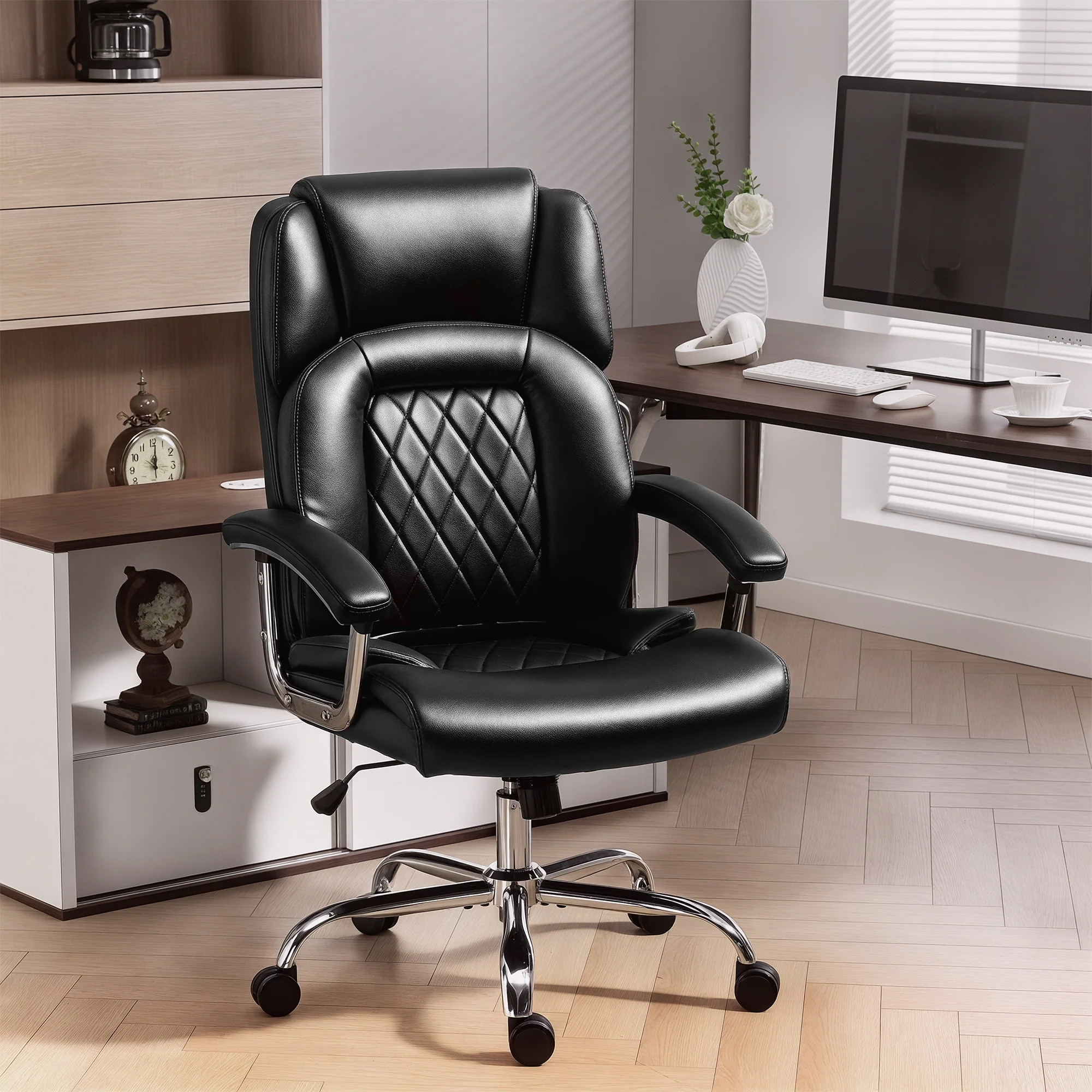 Big and Tall Office Chair 180kg, Executive PU Leather Desk Chair with Spring Cushion, Wide Seat, High Back, Adjustable Height, Swivel Wheels, Built-in Headrest, Tilt Function, Black - Image 3