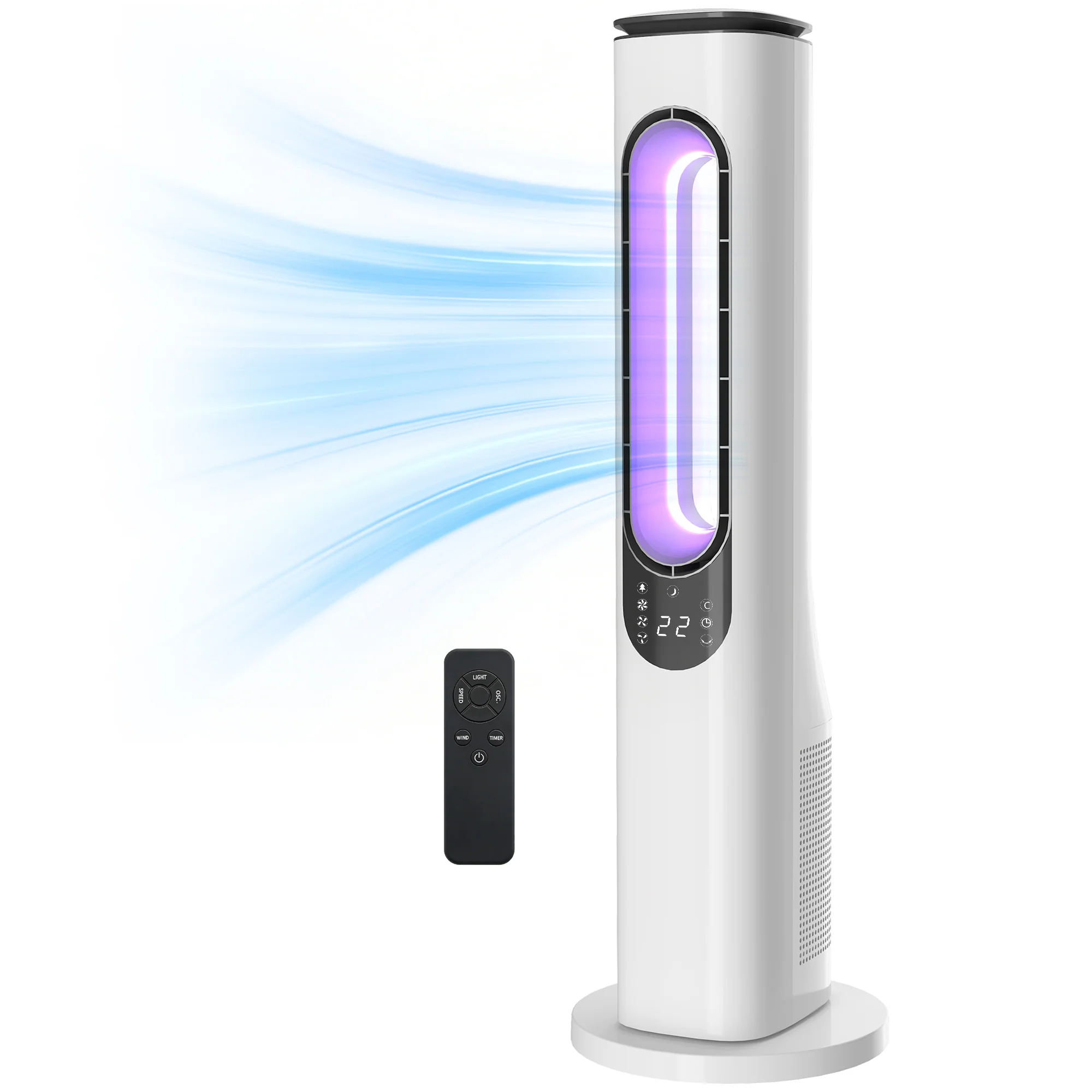 Bladeless Tower Fan for Bedroom, 35dB Standing Cooling Fan with 50° Oscillating, LED Lights, 3 Speeds, 3 Modes, 15H Timer, LED Display and Remote Control, White - Image 2
