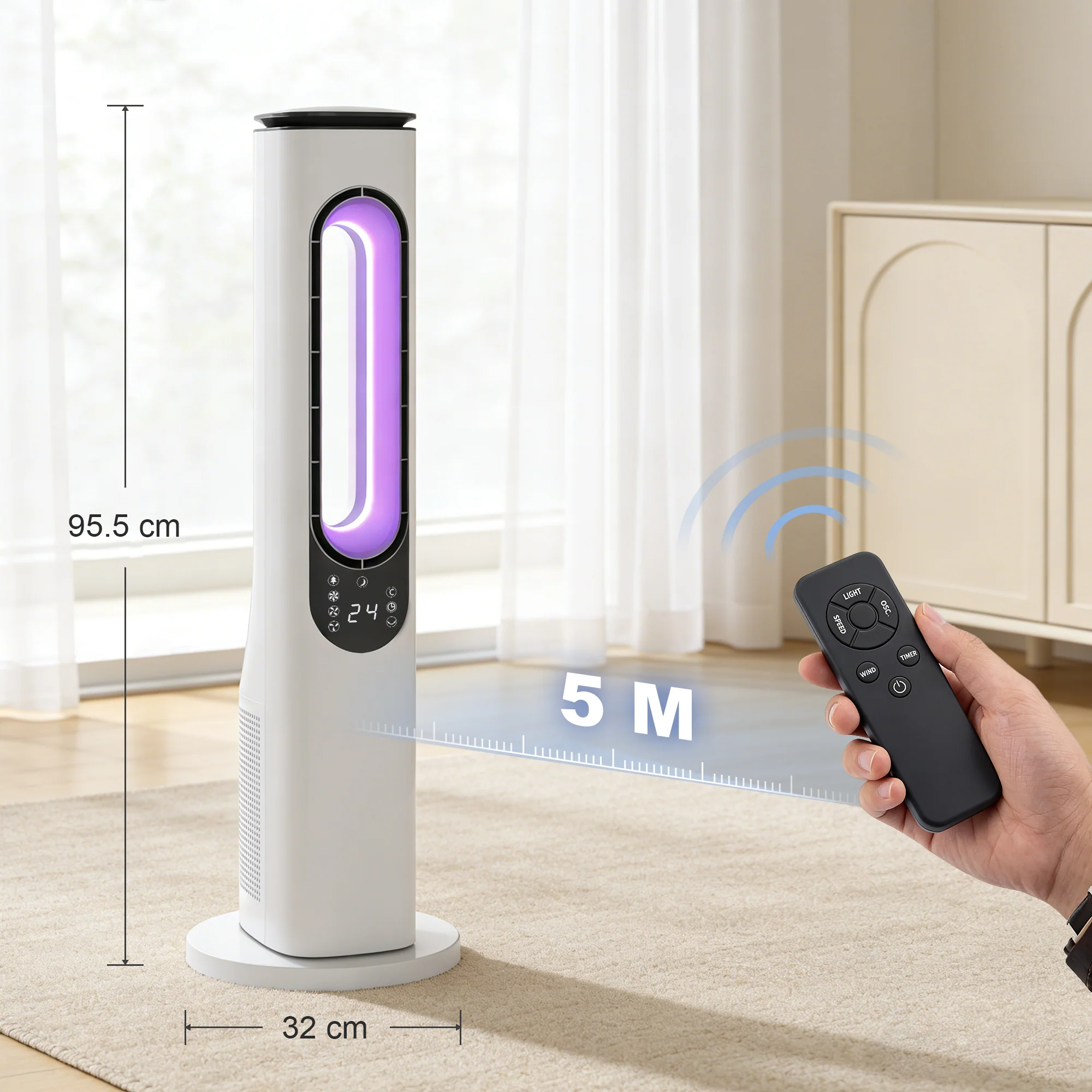 Bladeless Tower Fan for Bedroom, 35dB Standing Cooling Fan with 50° Oscillating, LED Lights, 3 Speeds, 3 Modes, 15H Timer, LED Display and Remote Control, White - Image 5