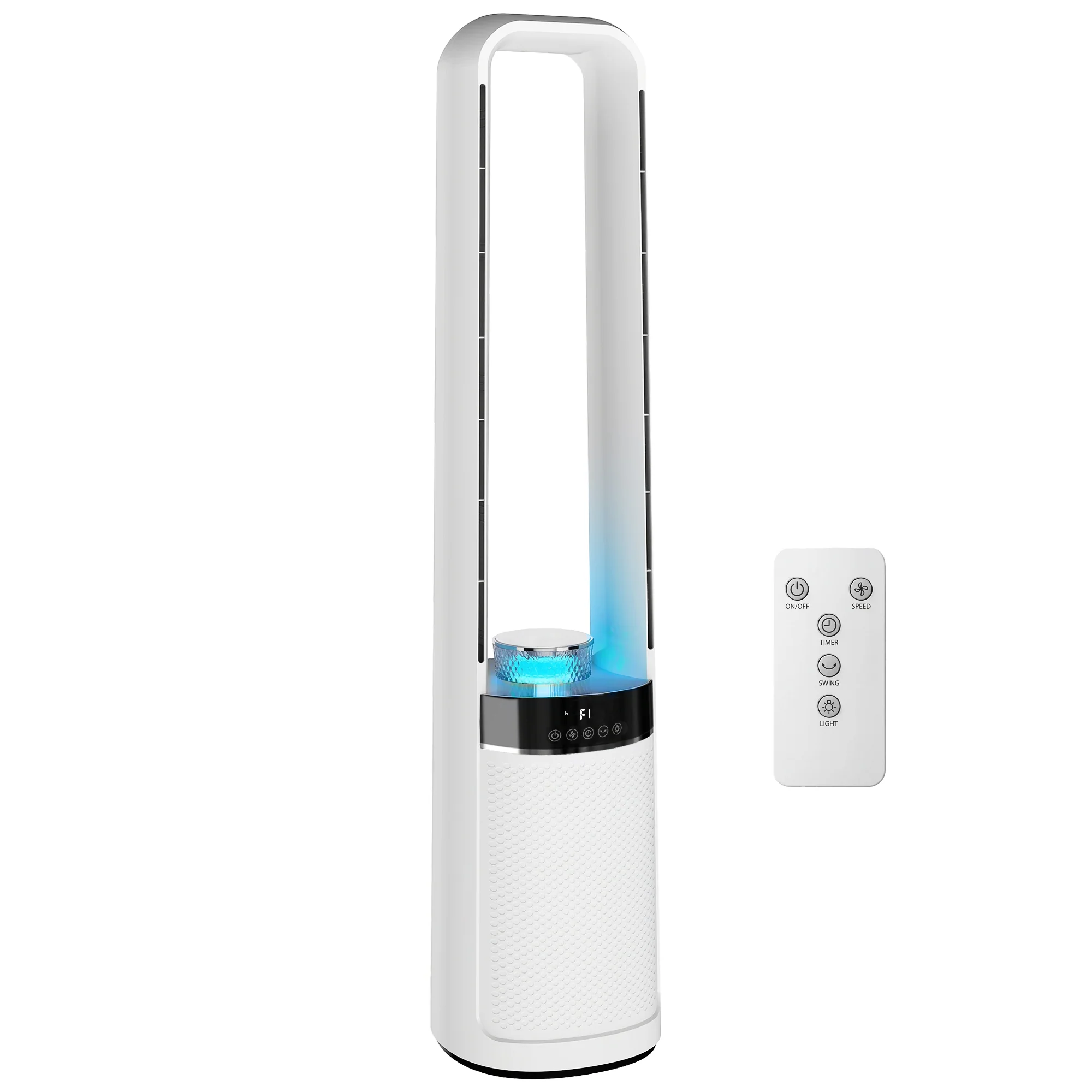 Bladeless Tower Fan for Bedroom, 36dB Standing Cooling Fan with 45° Oscillating, LED Lights, 3 Speeds, 12H Timer, Remote Control, 37 inch, White