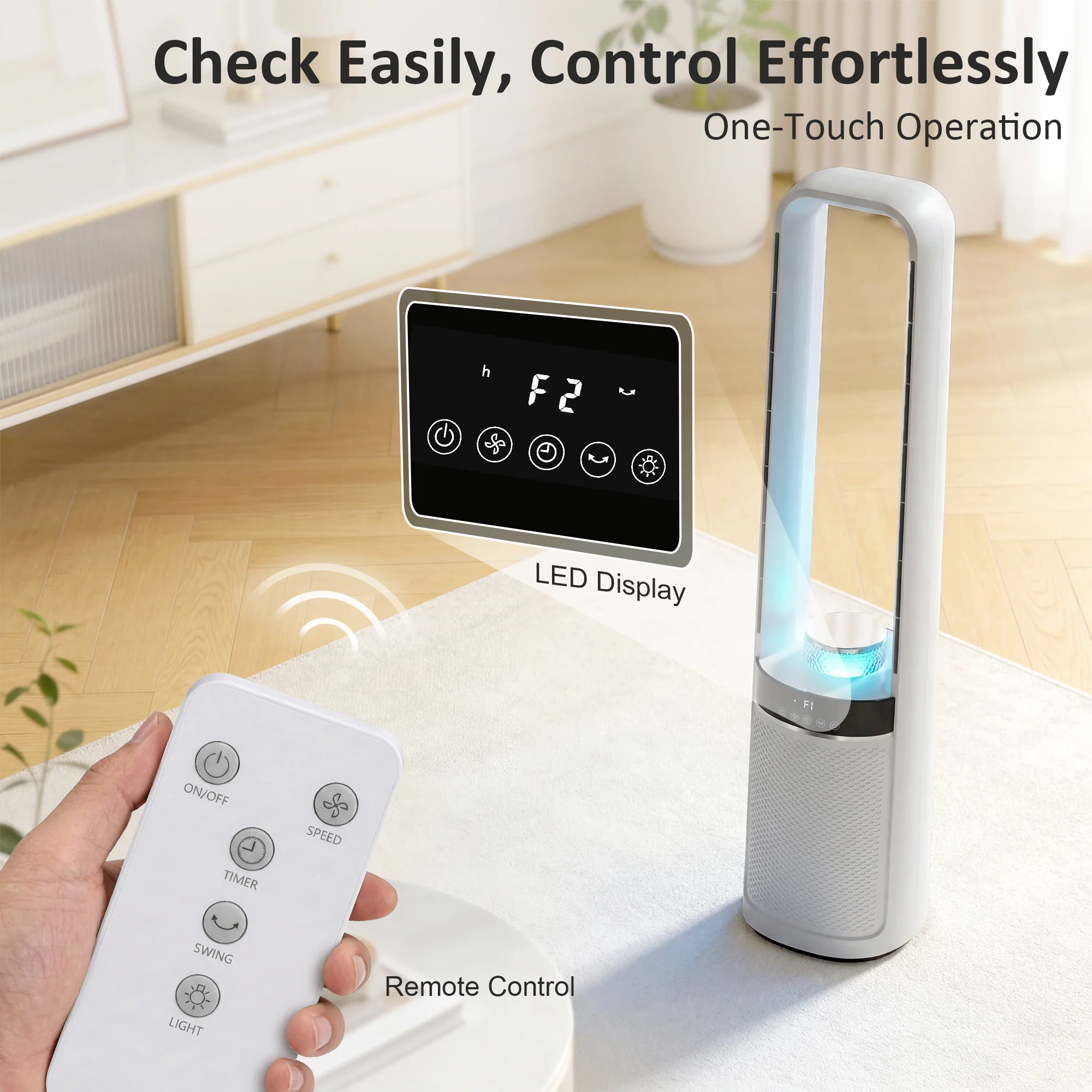 Bladeless Tower Fan for Bedroom, 36dB Standing Cooling Fan with 45° Oscillating, LED Lights, 3 Speeds, 12H Timer, Remote Control, 37 inch, White - Image 9