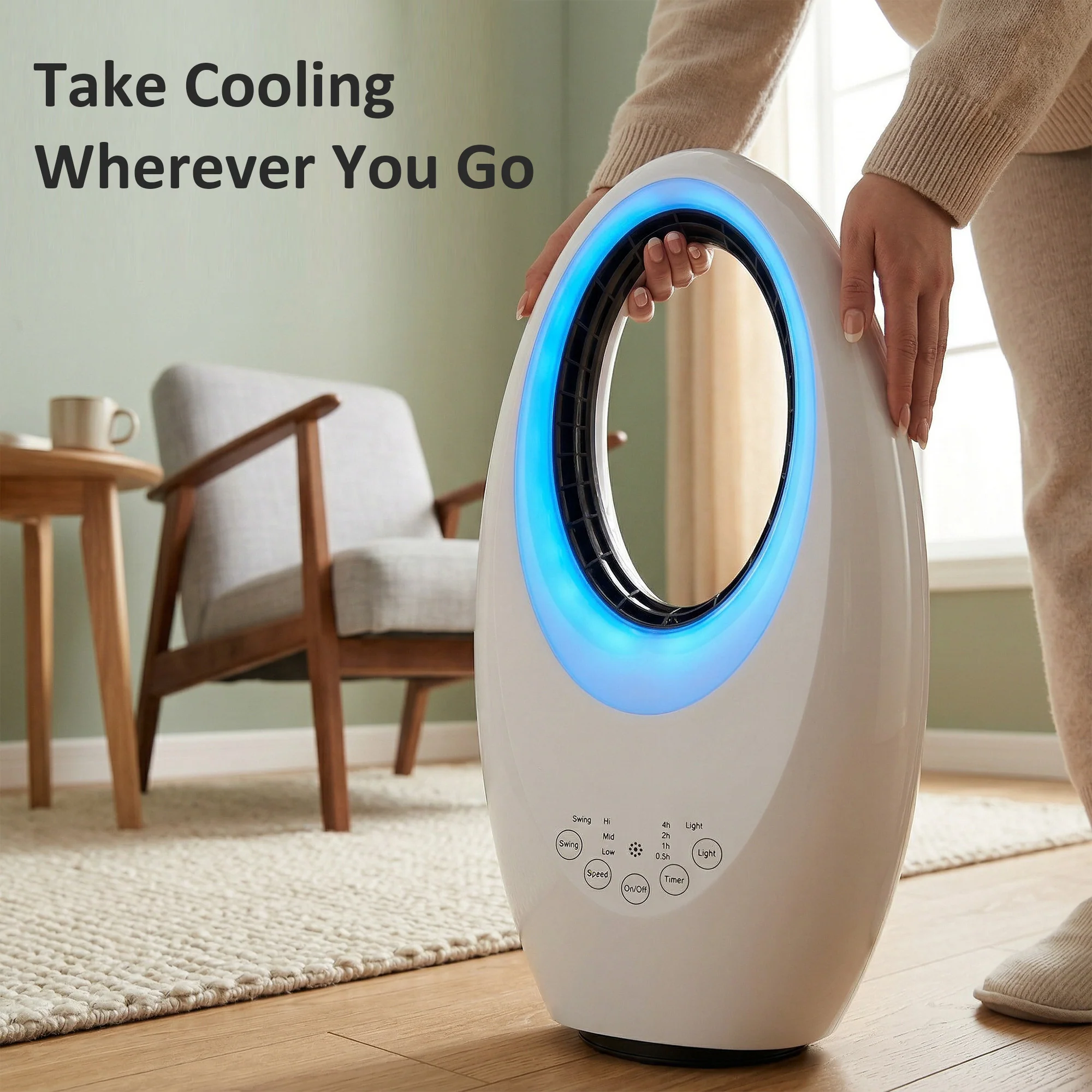 Bladeless Tower Fan for Bedroom, 36dB Standing Cooling Fan with 60° Oscillating, LED Lights, 3 Speeds, 7.5H Timer, Remote Control, White - Image 10