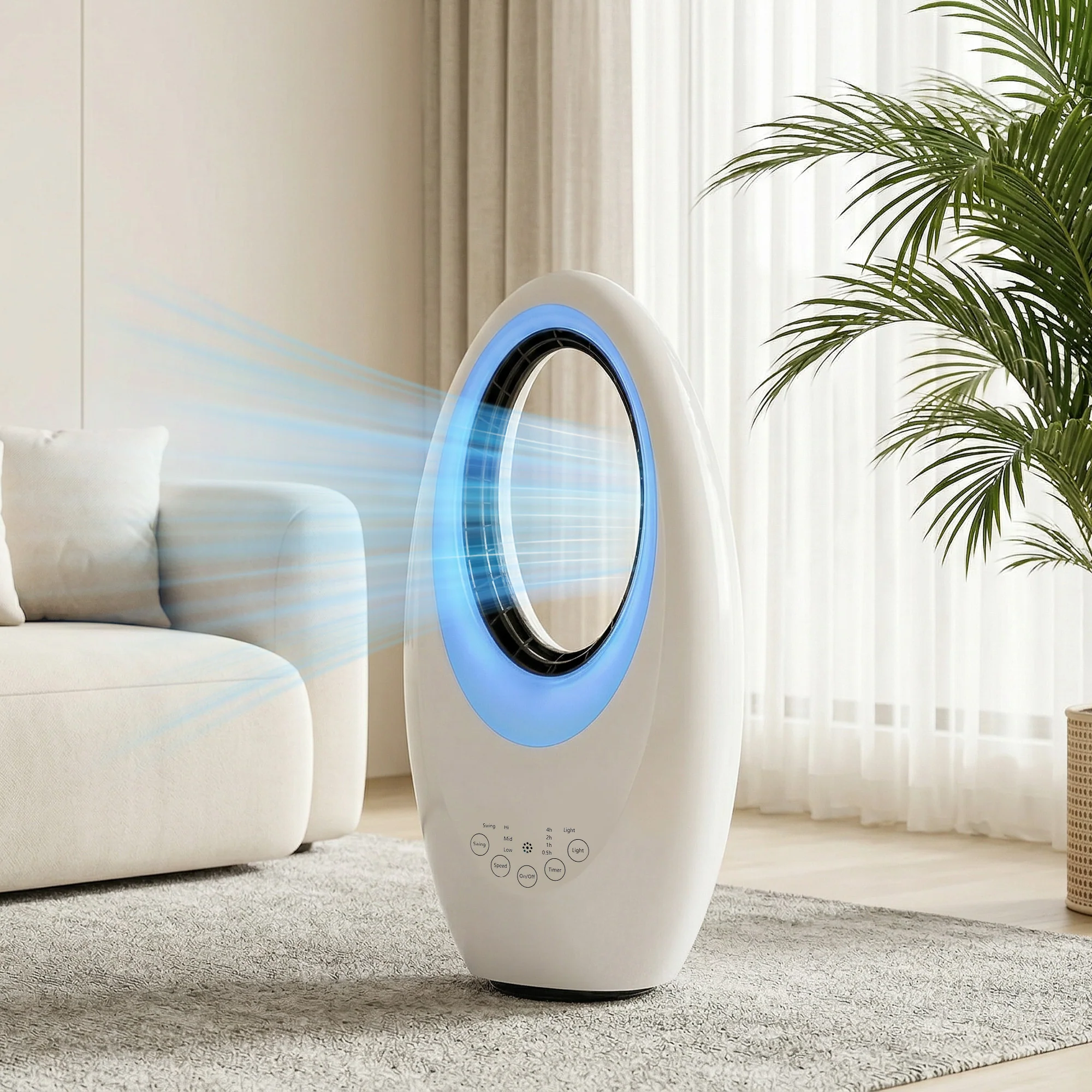 Bladeless Tower Fan for Bedroom, 36dB Standing Cooling Fan with 60° Oscillating, LED Lights, 3 Speeds, 7.5H Timer, Remote Control, White - Image 11