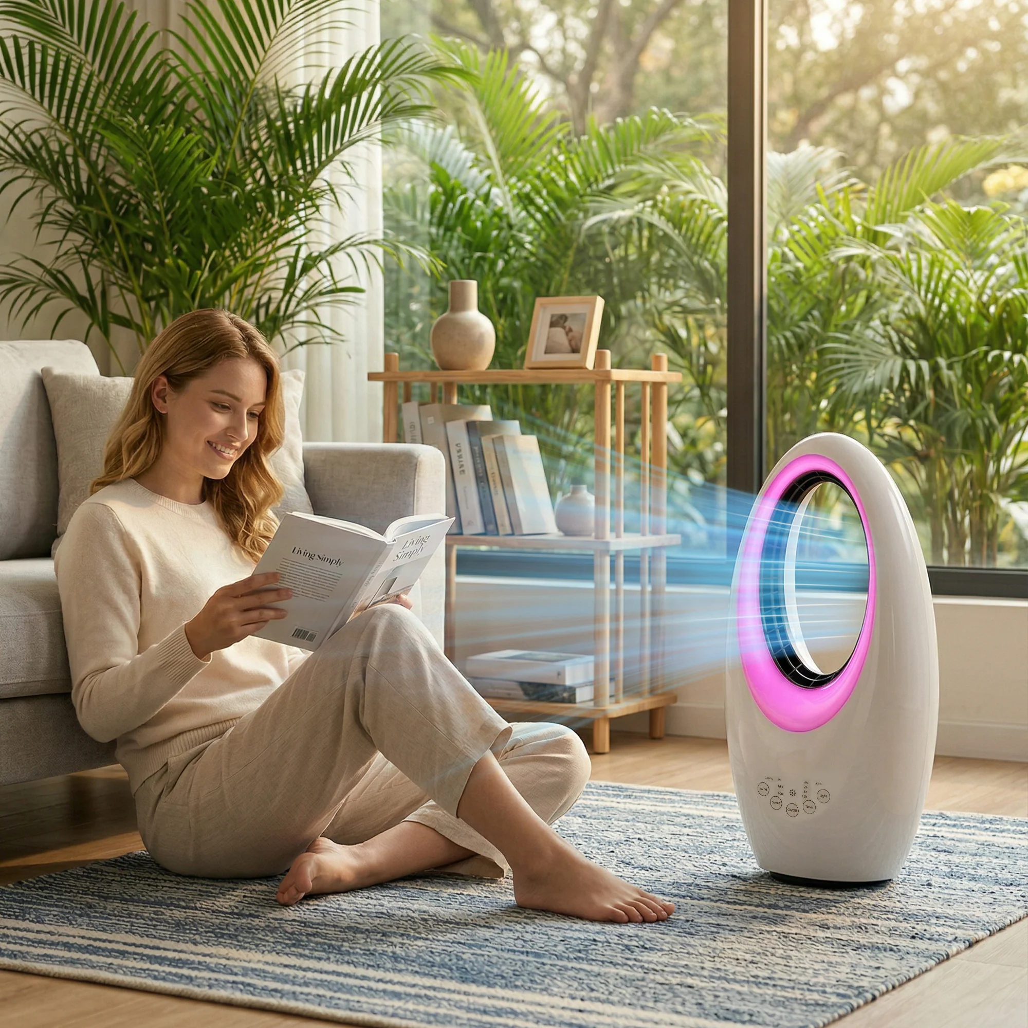 Bladeless Tower Fan for Bedroom, 36dB Standing Cooling Fan with 60° Oscillating, LED Lights, 3 Speeds, 7.5H Timer, Remote Control, White - Image 3