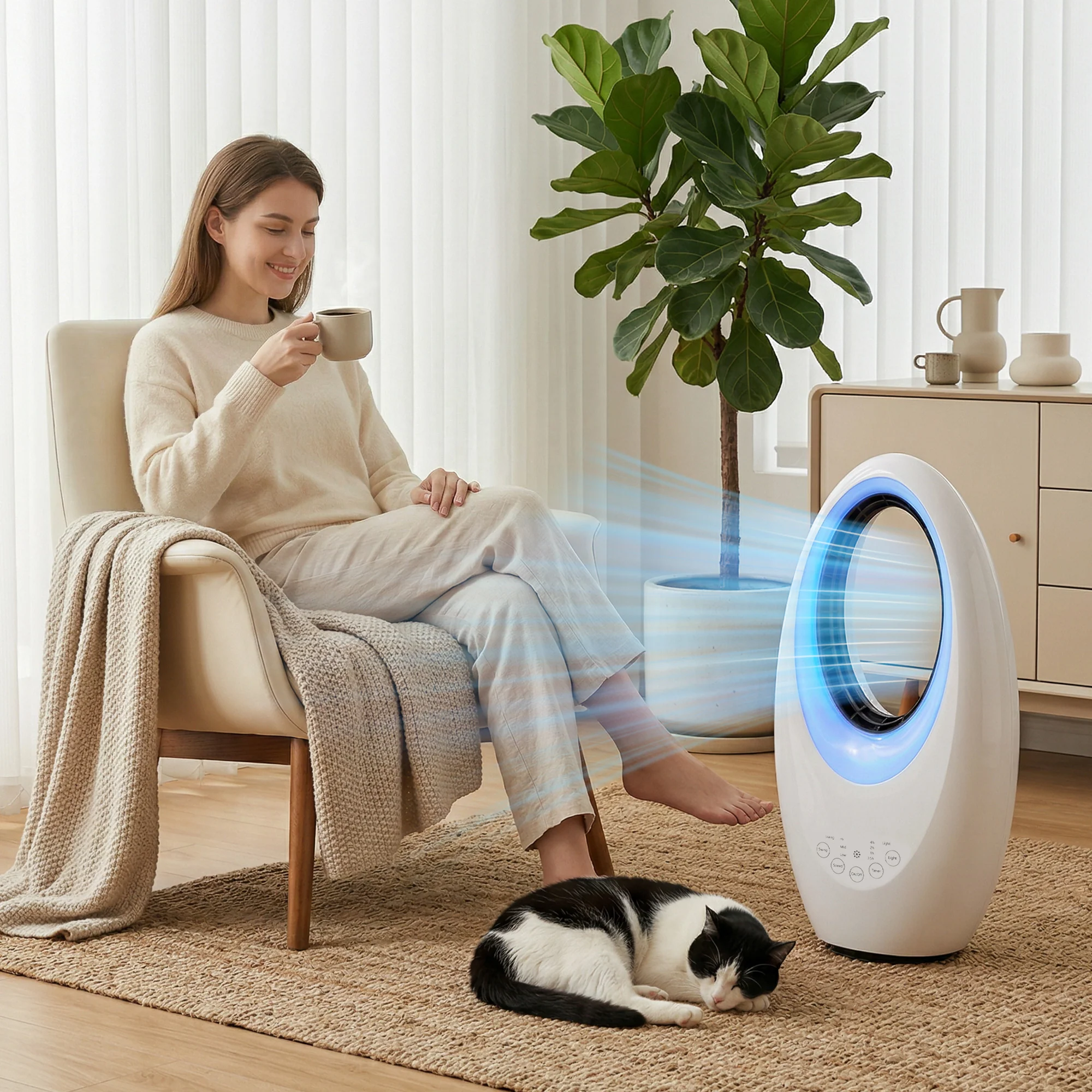 Bladeless Tower Fan for Bedroom, 36dB Standing Cooling Fan with 60° Oscillating, LED Lights, 3 Speeds, 7.5H Timer, Remote Control, White - Image 4