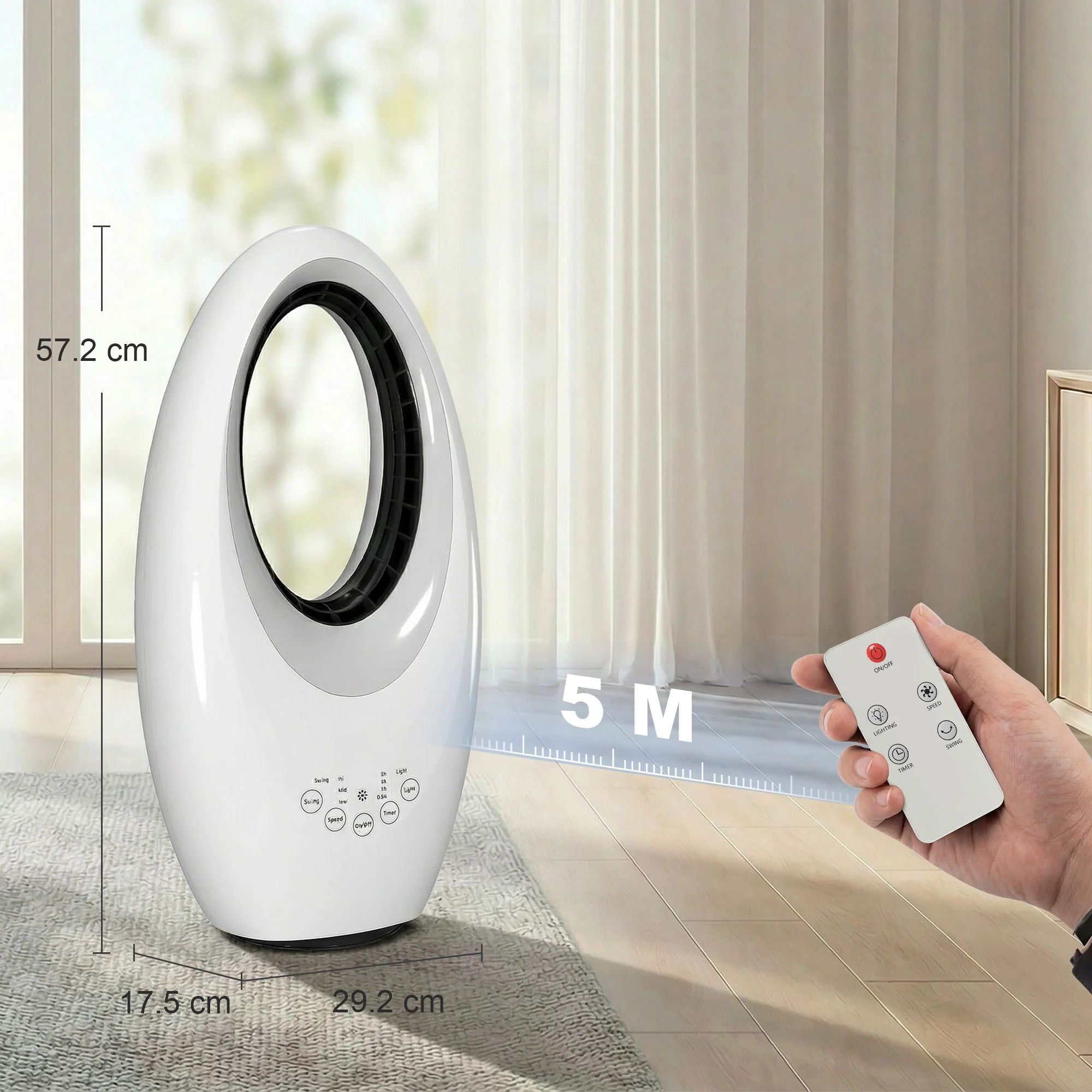 Bladeless Tower Fan for Bedroom, 36dB Standing Cooling Fan with 60° Oscillating, LED Lights, 3 Speeds, 7.5H Timer, Remote Control, White - Image 5