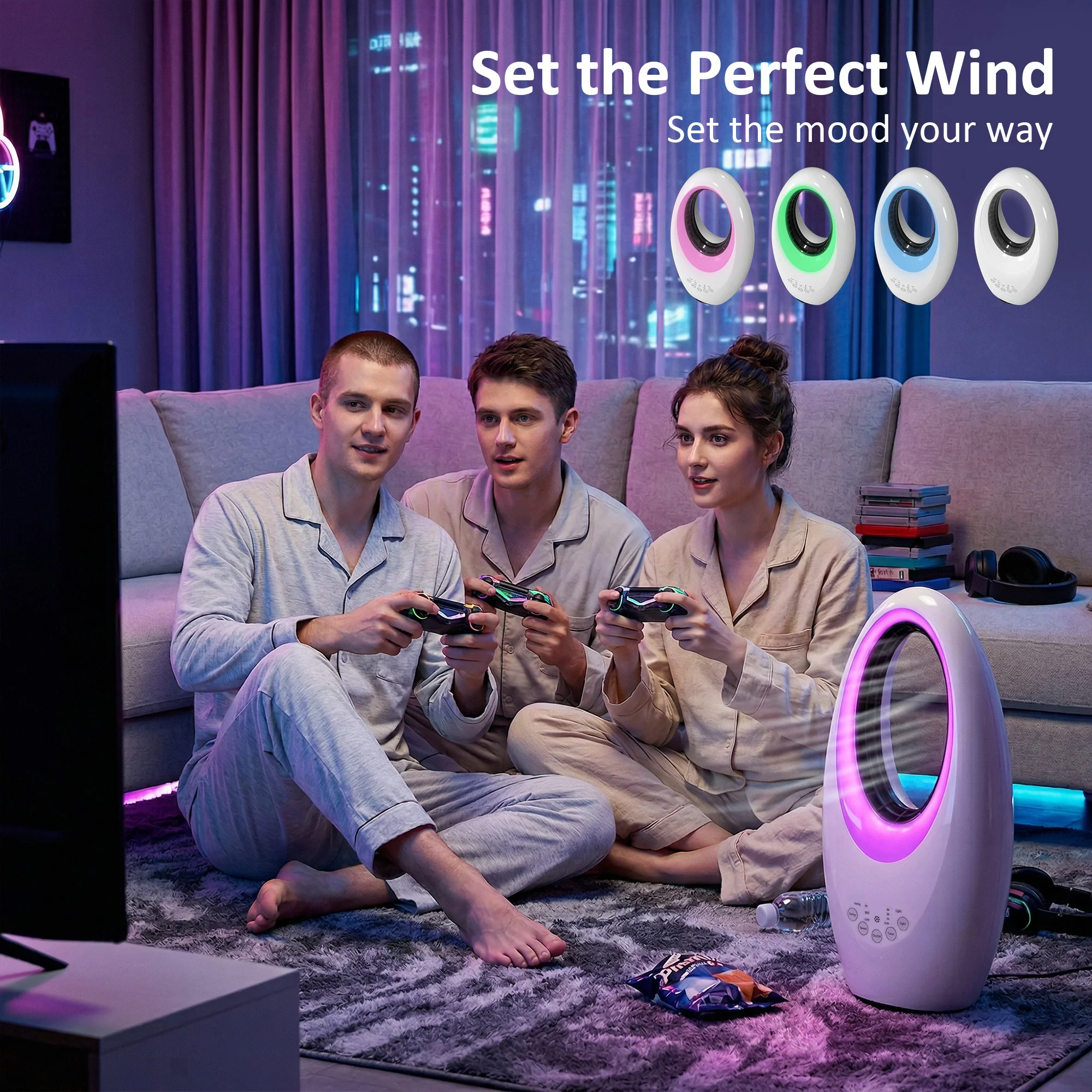 Bladeless Tower Fan for Bedroom, 36dB Standing Cooling Fan with 60° Oscillating, LED Lights, 3 Speeds, 7.5H Timer, Remote Control, White - Image 6