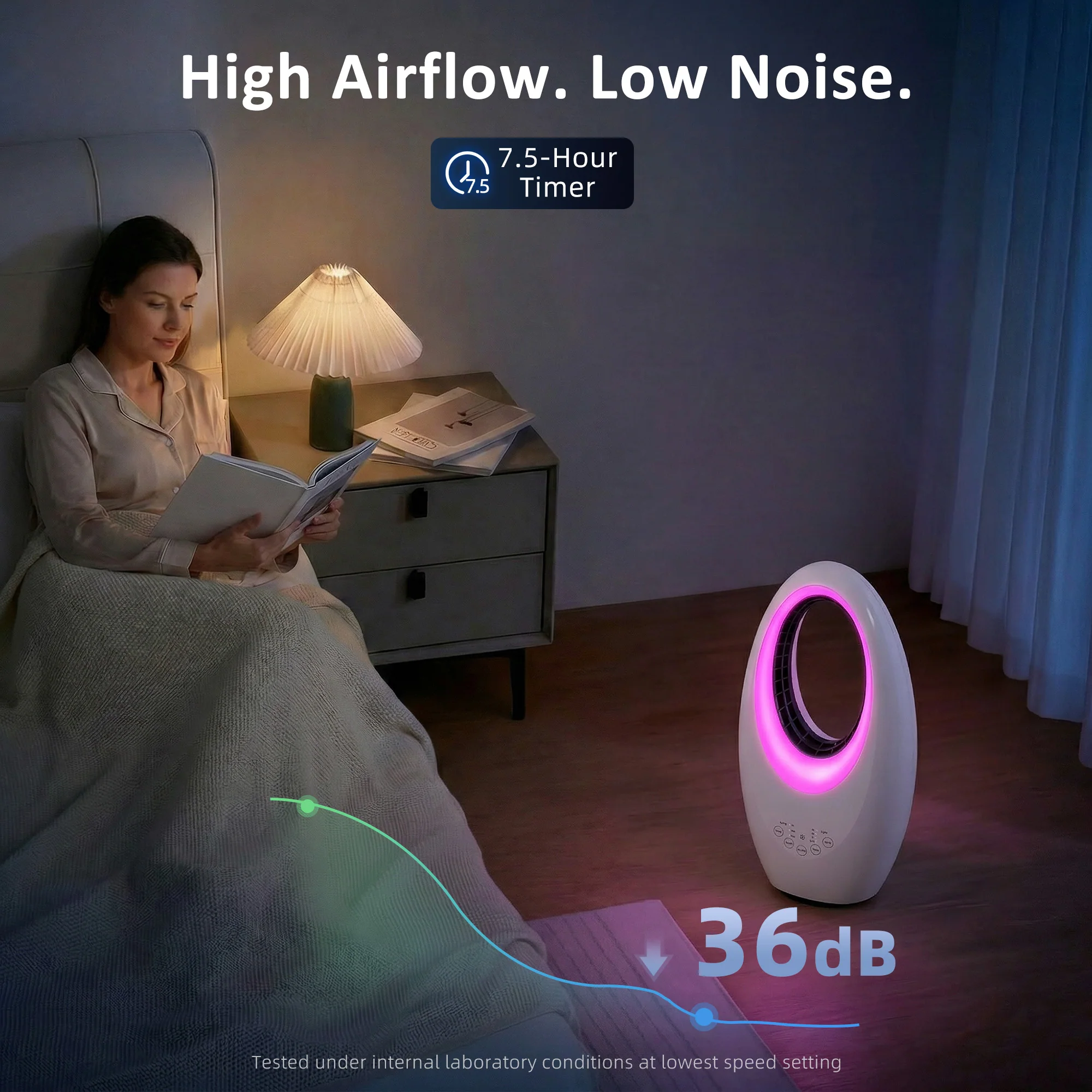 Bladeless Tower Fan for Bedroom, 36dB Standing Cooling Fan with 60° Oscillating, LED Lights, 3 Speeds, 7.5H Timer, Remote Control, White - Image 7