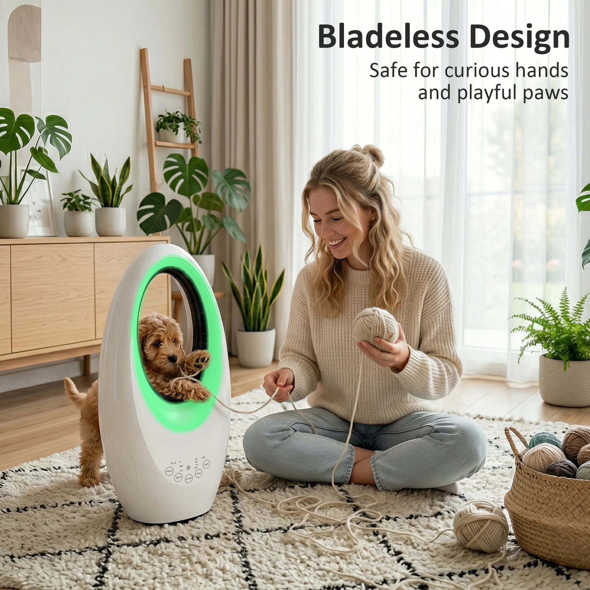 Bladeless Tower Fan for Bedroom, 36dB Standing Cooling Fan with 60° Oscillating, LED Lights, 3 Speeds, 7.5H Timer, Remote Control, White - Image 8