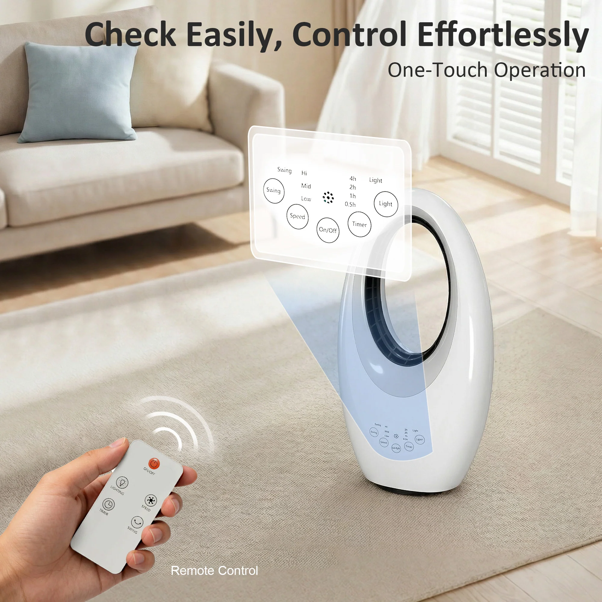 Bladeless Tower Fan for Bedroom, 36dB Standing Cooling Fan with 60° Oscillating, LED Lights, 3 Speeds, 7.5H Timer, Remote Control, White - Image 9