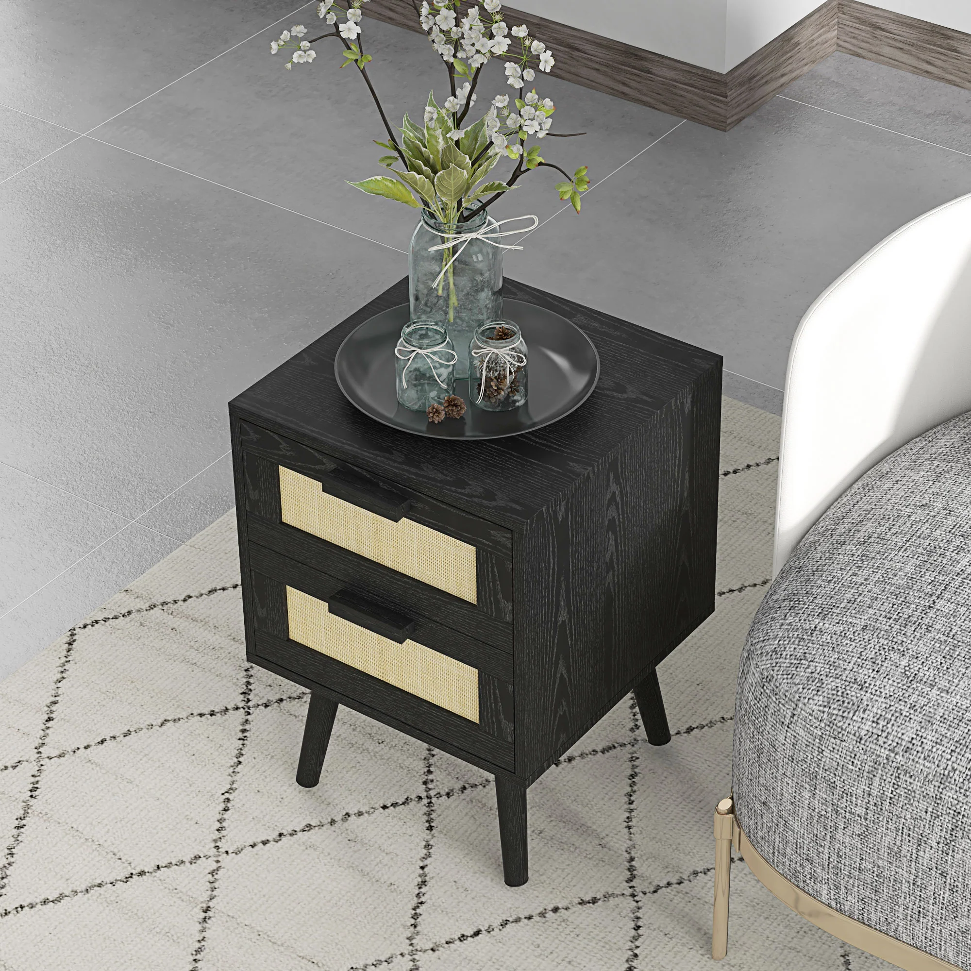 Boho Design Nightstand Set of 2, Side End Table with 2 Drawers for Bedroom, Black - Image 10