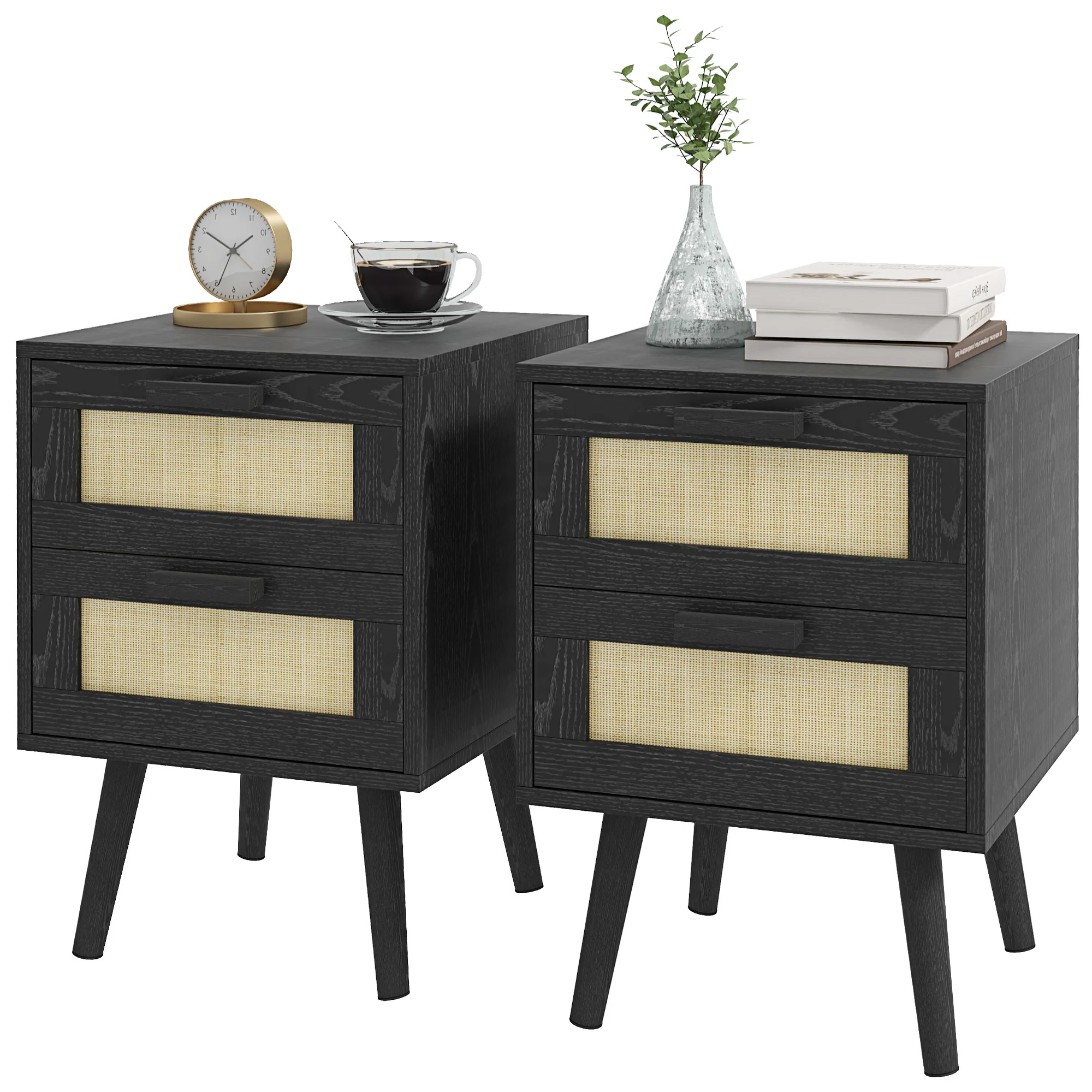 Boho Design Nightstand Set of 2, Side End Table with 2 Drawers for Bedroom, Black - Image 2