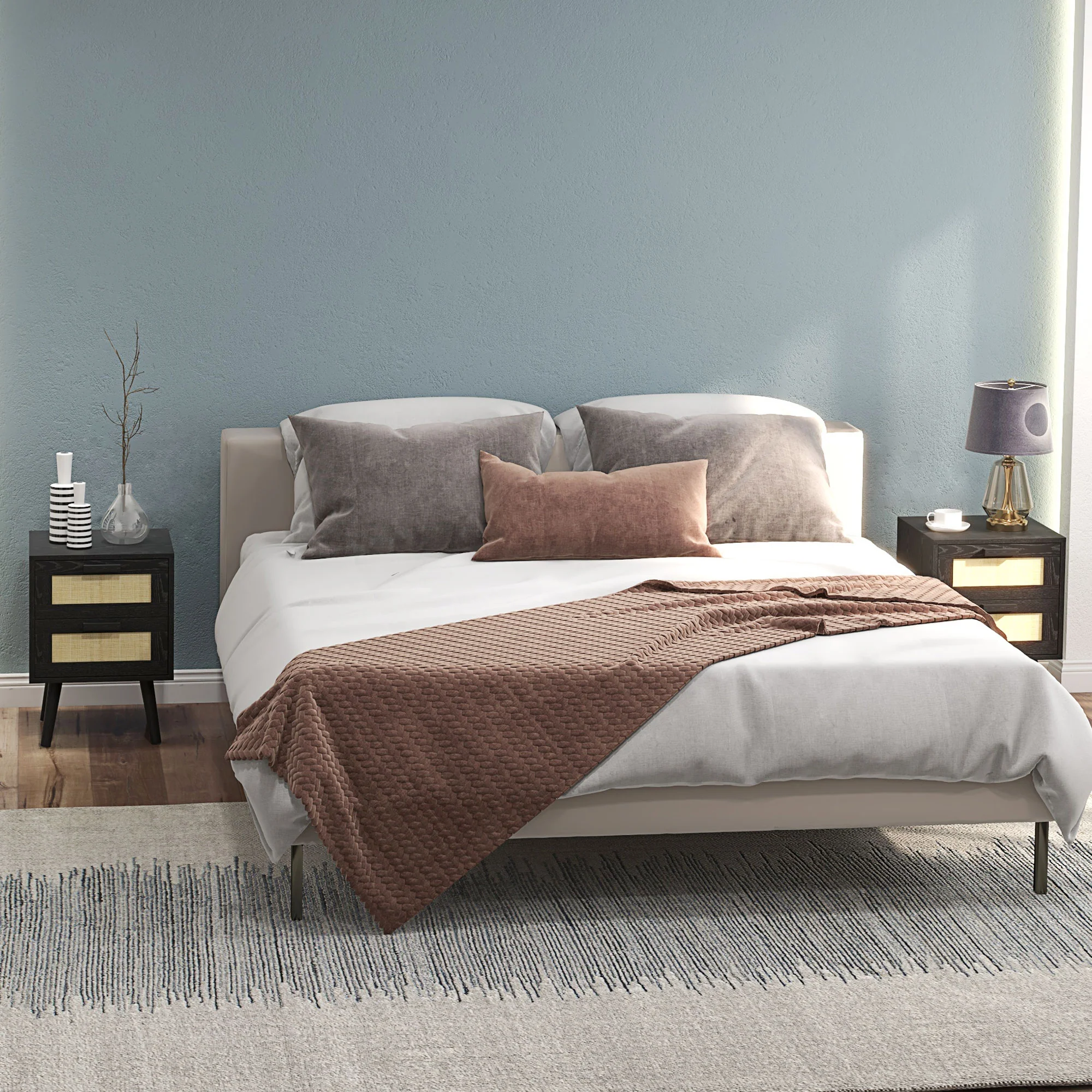 Boho Design Nightstand Set of 2, Side End Table with 2 Drawers for Bedroom, Black - Image 3