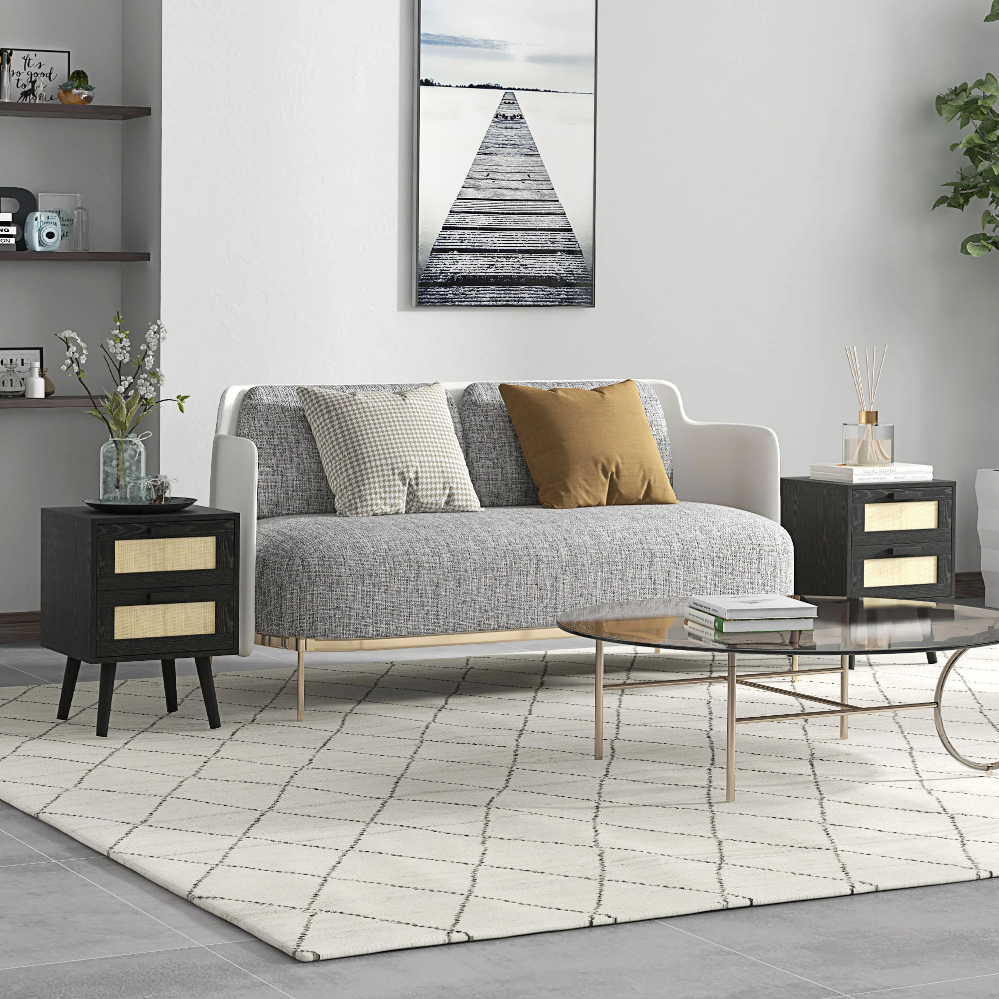 Boho Design Nightstand Set of 2, Side End Table with 2 Drawers for Bedroom, Black - Image 4
