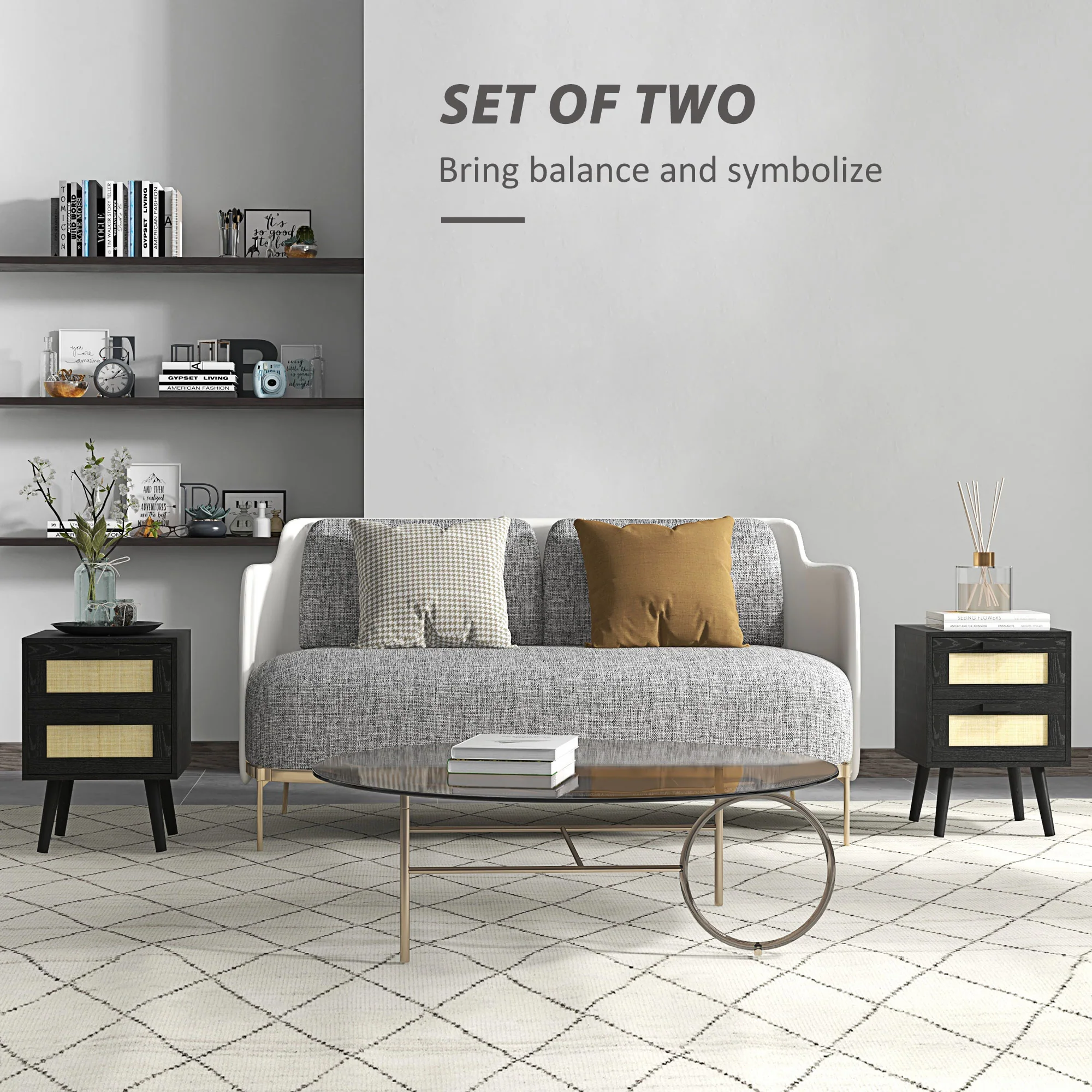 Boho Design Nightstand Set of 2, Side End Table with 2 Drawers for Bedroom, Black - Image 6