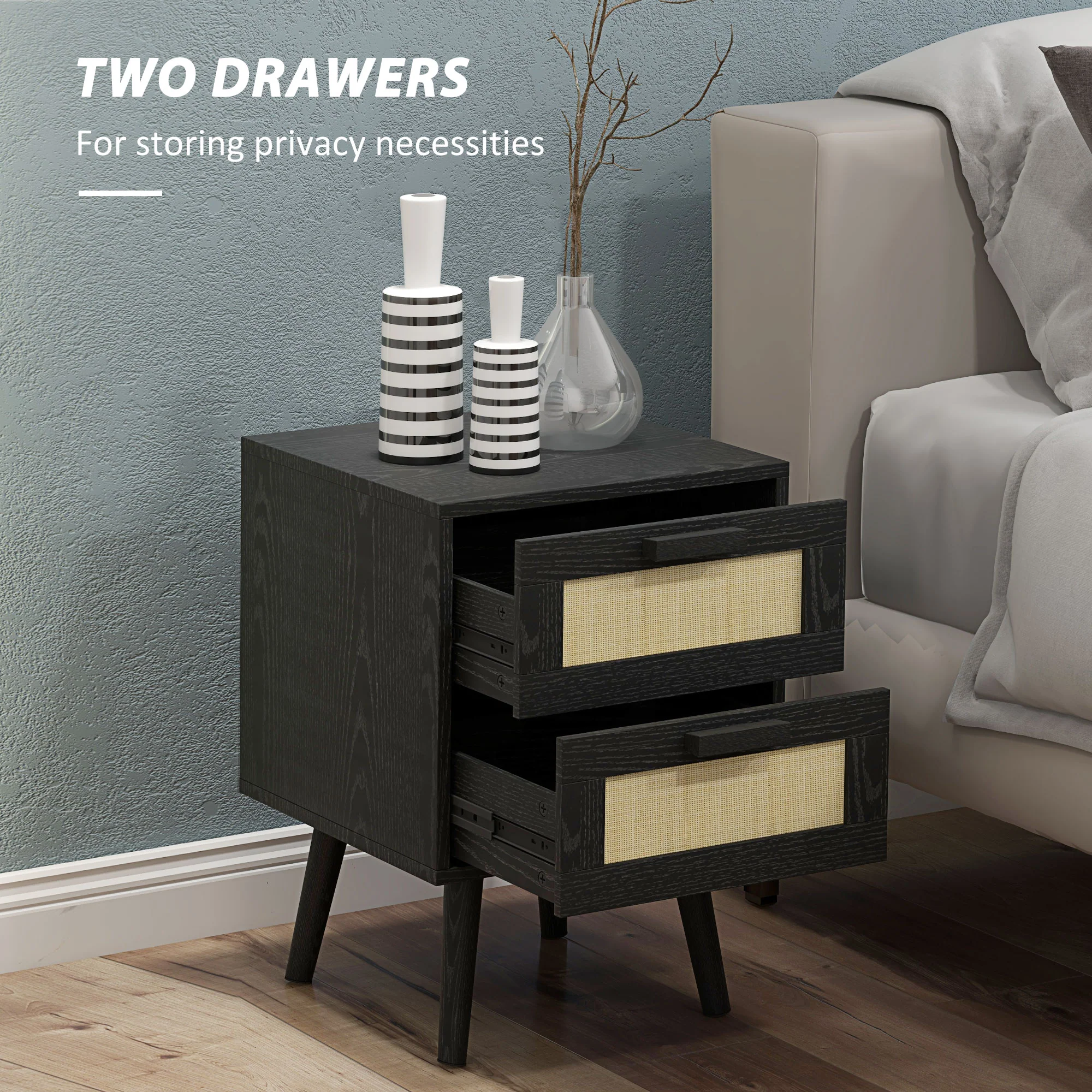 Boho Design Nightstand Set of 2, Side End Table with 2 Drawers for Bedroom, Black - Image 7