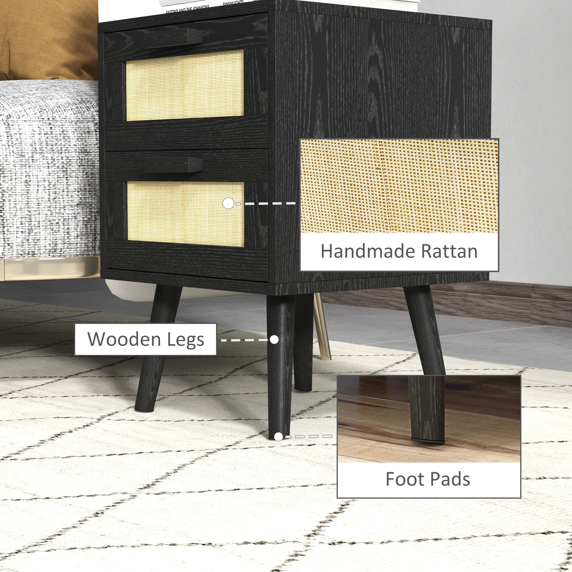 Boho Design Nightstand Set of 2, Side End Table with 2 Drawers for Bedroom, Black - Image 8