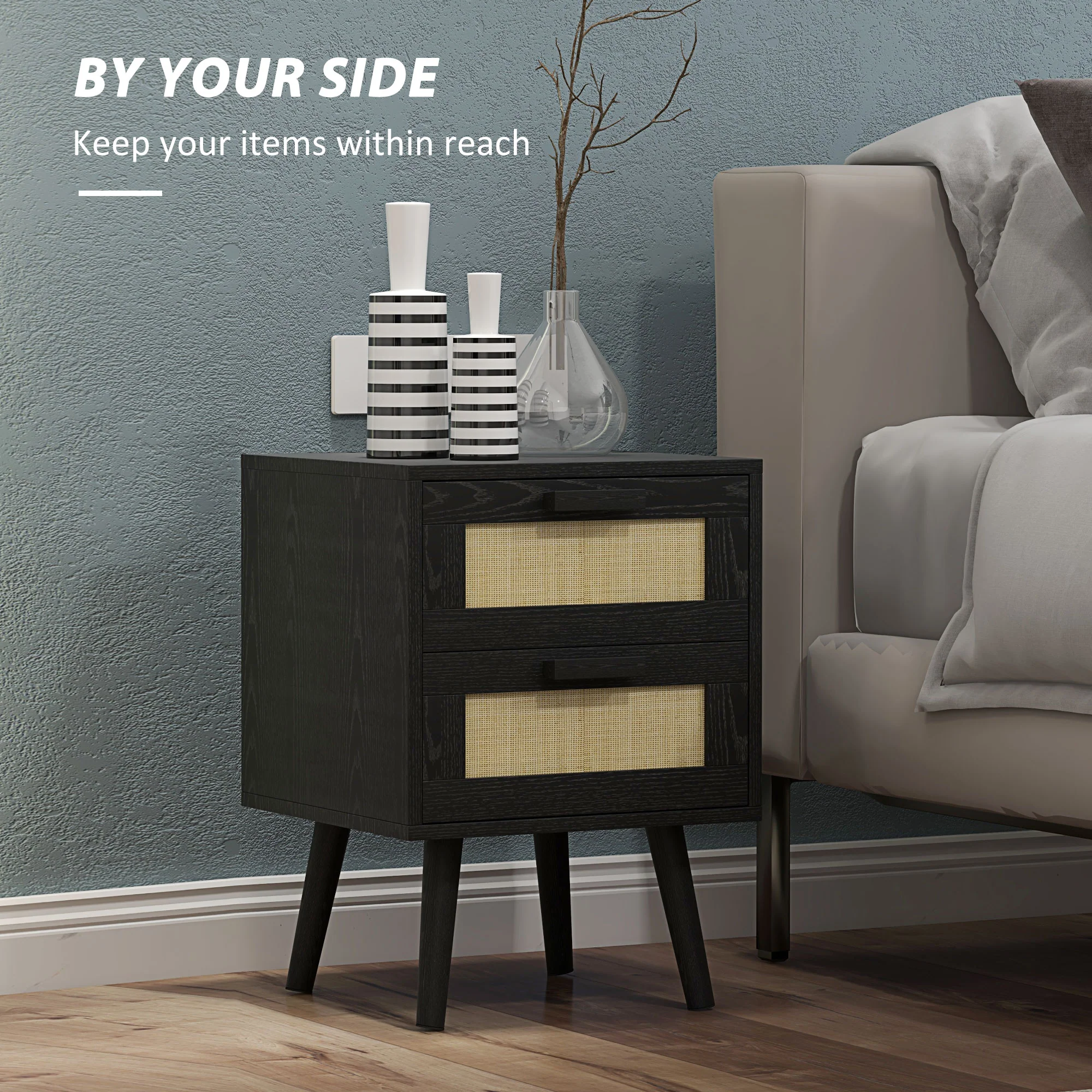 Boho Design Nightstand Set of 2, Side End Table with 2 Drawers for Bedroom, Black - Image 9