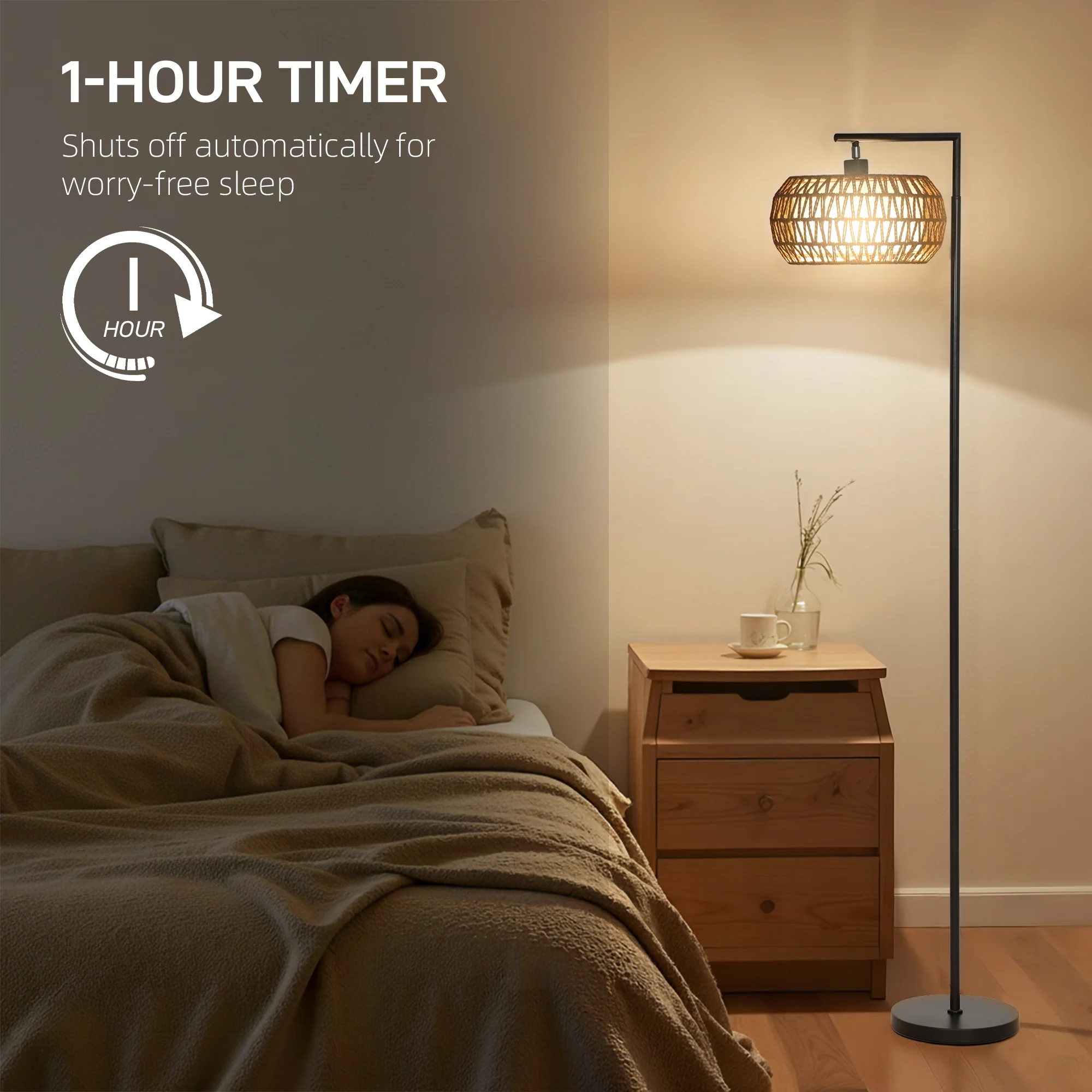 Boho Floor Lamp with Double Shade, Dimmable Standing Lamp with Remote and Foot Switch, 3 Colour Temperatures and Timer for Living Room, Bedroom, Office, Black - Image 8