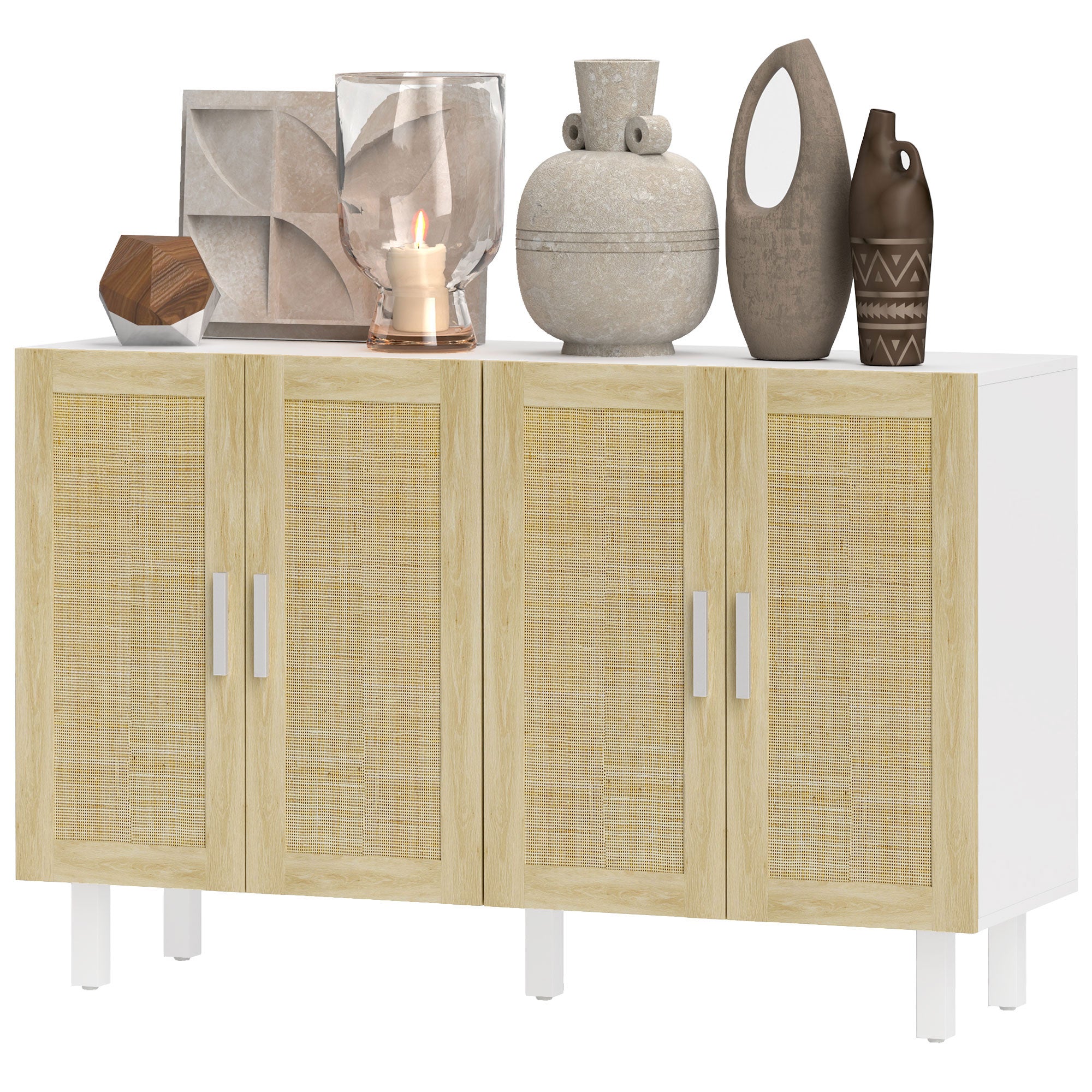 Solace 4 Doors Rattan Cabinet with Adjustable Shelves, White & Natural - Image 2