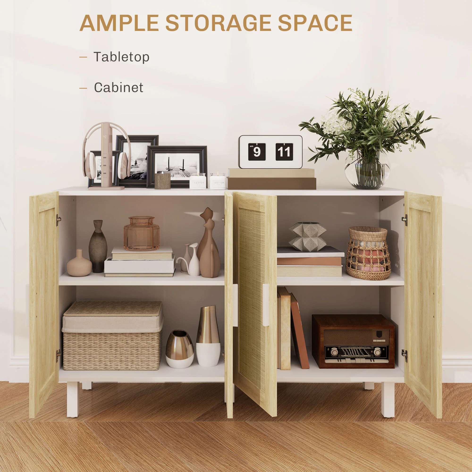 Solace 4 Doors Rattan Cabinet with Adjustable Shelves, White & Natural - Image 9