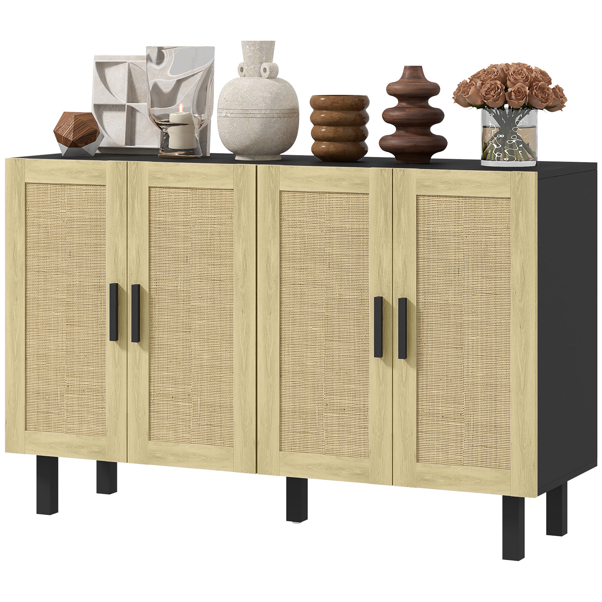 Solace 4 Doors Rattan Cabinet with Adjustable Shelves, Black and Natural - Image 2