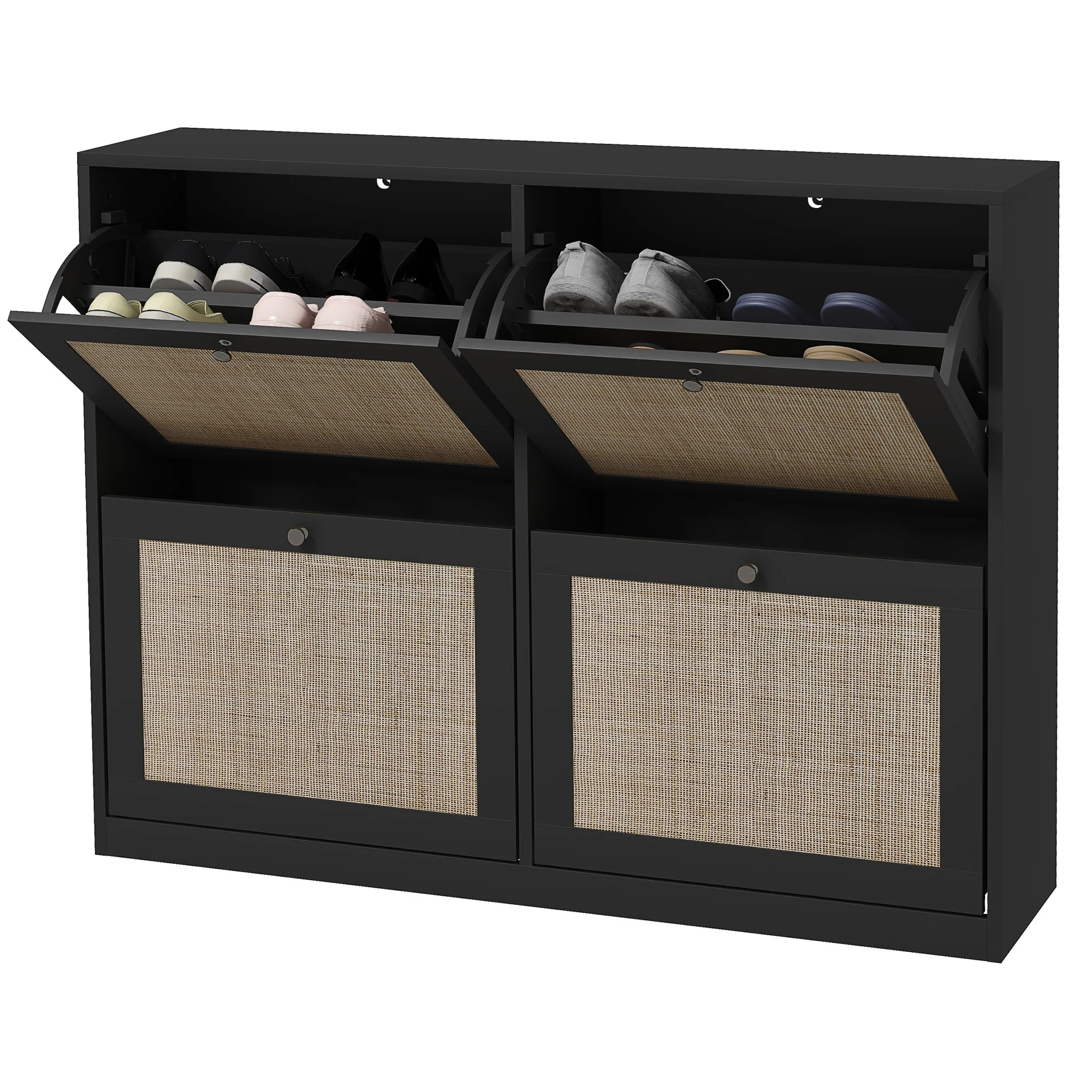 Rattan Shoe Cabinet w/ 4 Flip Drawers & Adjustable Shelves for 20 Pairs of Shoes, Black - Image 2