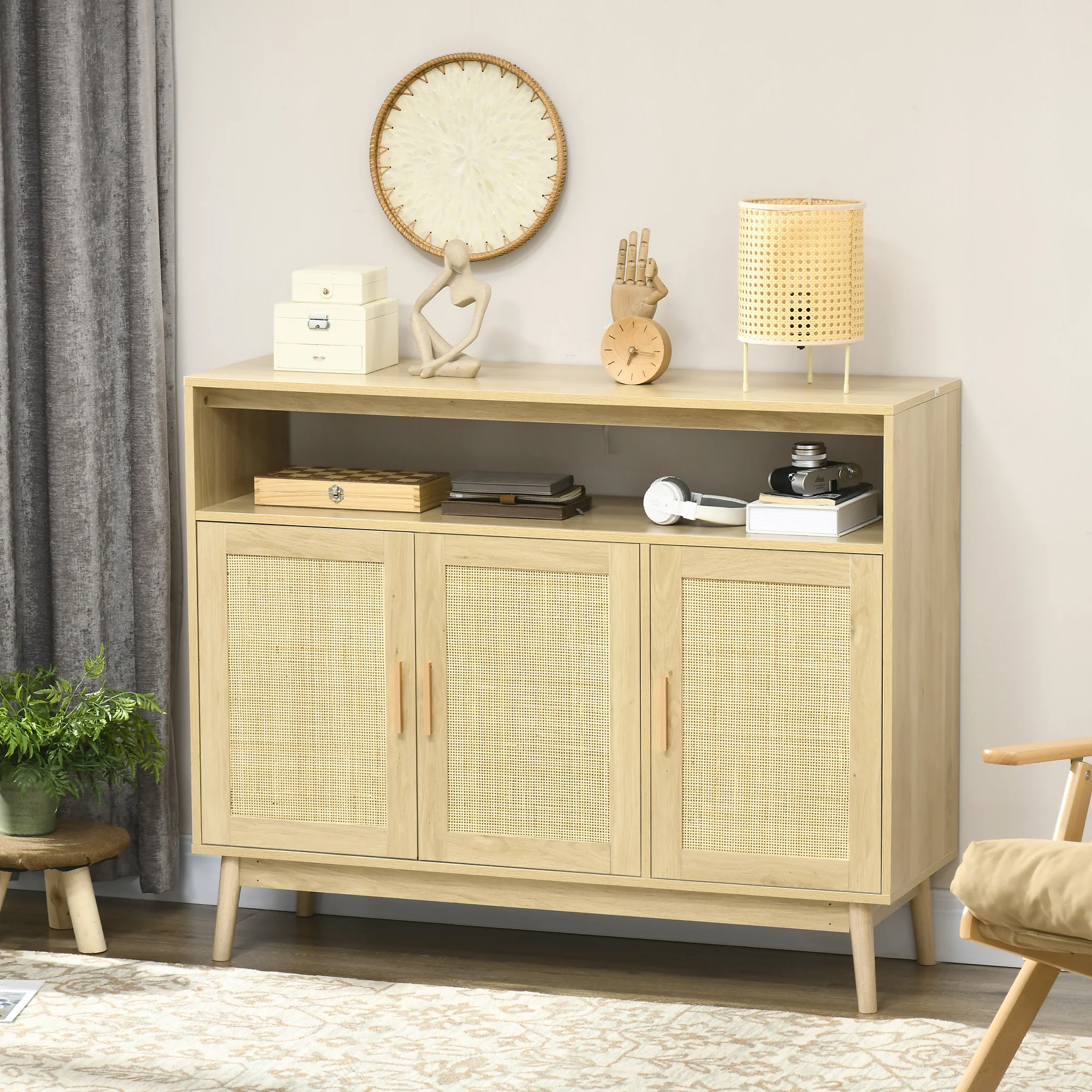 Solace Rattan Sideboard Buffet Cabinet with Open Shelf, Natural - Image 3