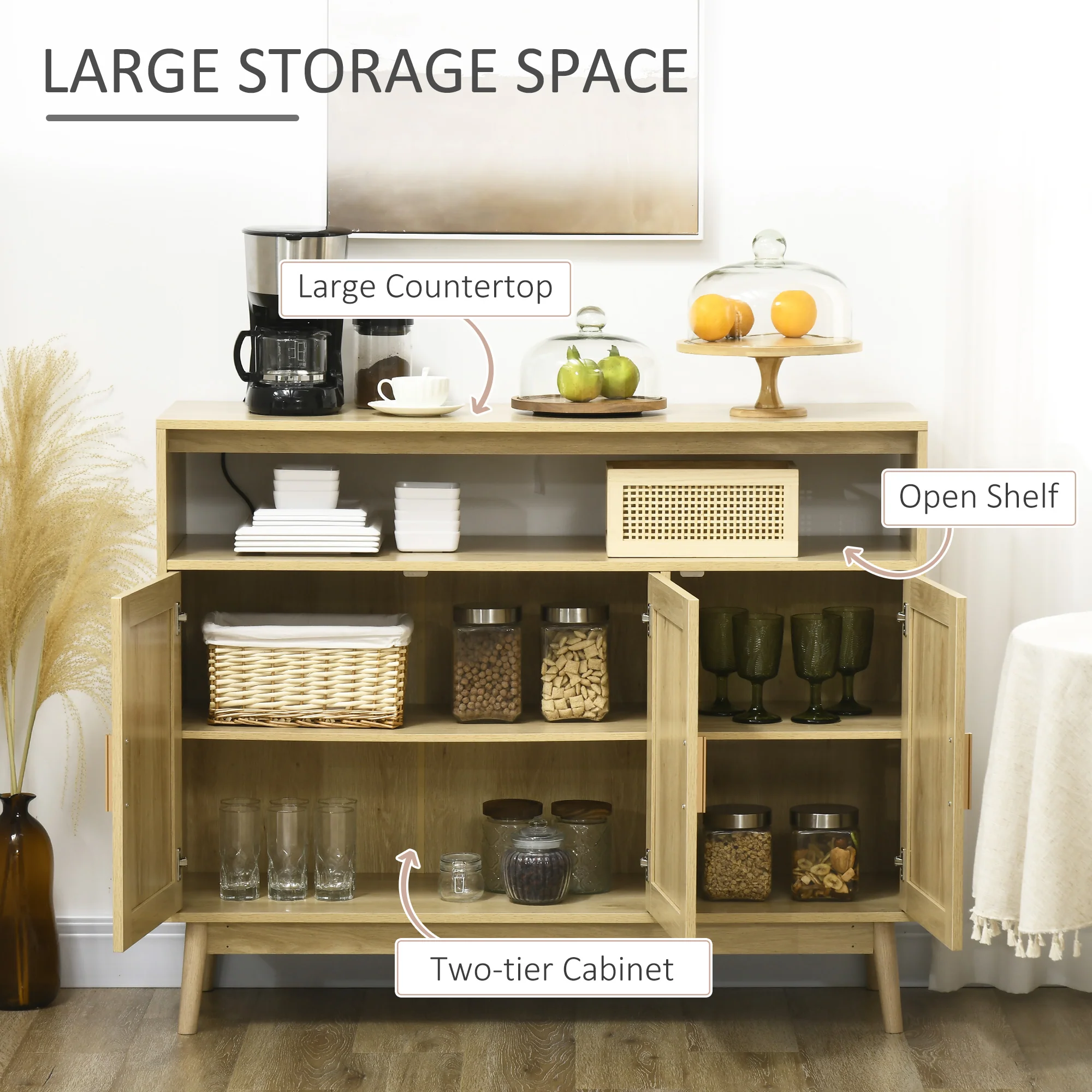 Solace Rattan Sideboard Buffet Cabinet with Open Shelf, Natural - Image 6