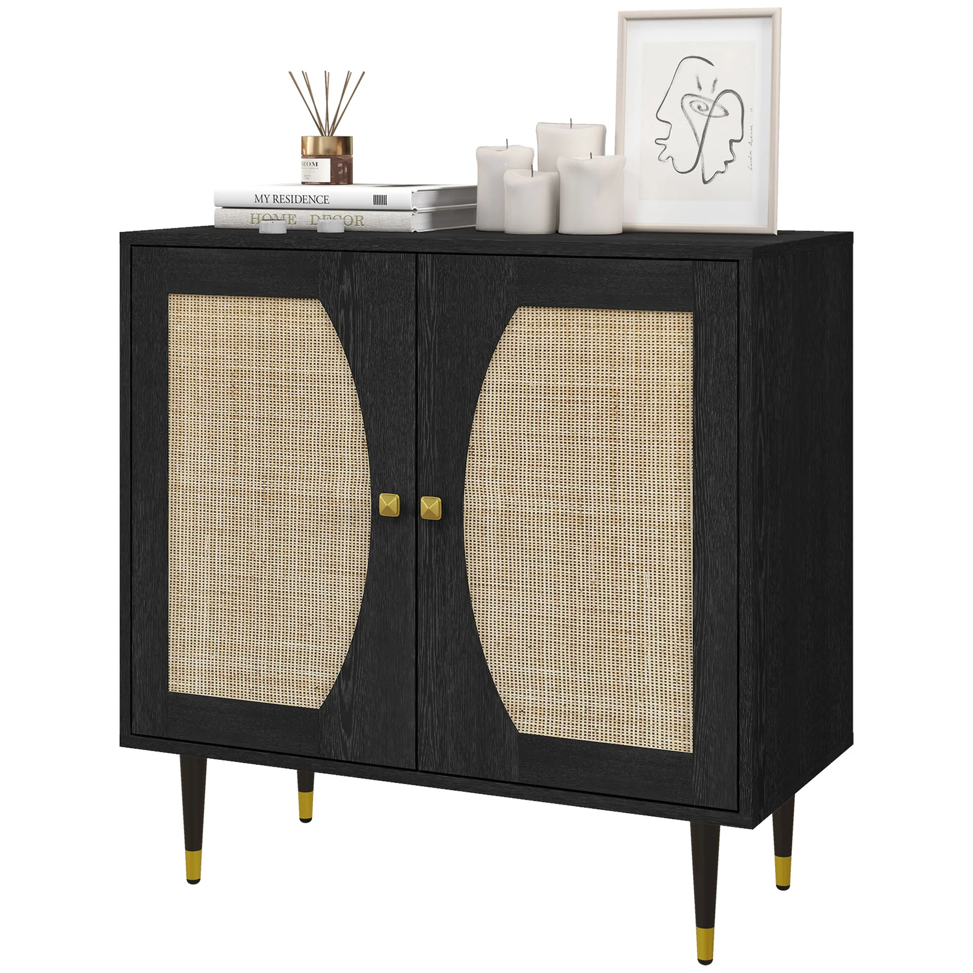 Boho Sideboard with Rattan Doors Adjustable Shelf Coffee Bar Cabinet, Black