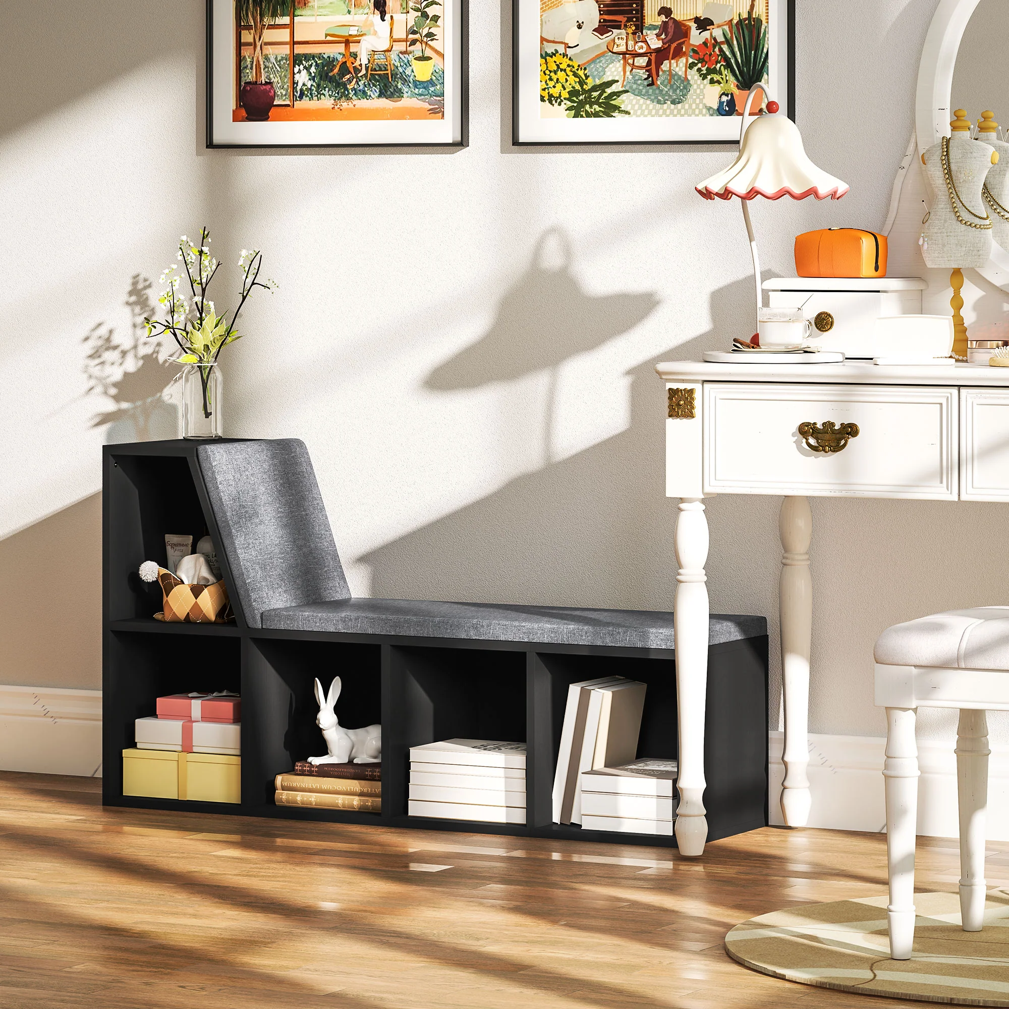 Bookcase Storage Shelf with Cushioned Reading Seat, Bookshelf Storage Cabinet for Study, Black - Image 11