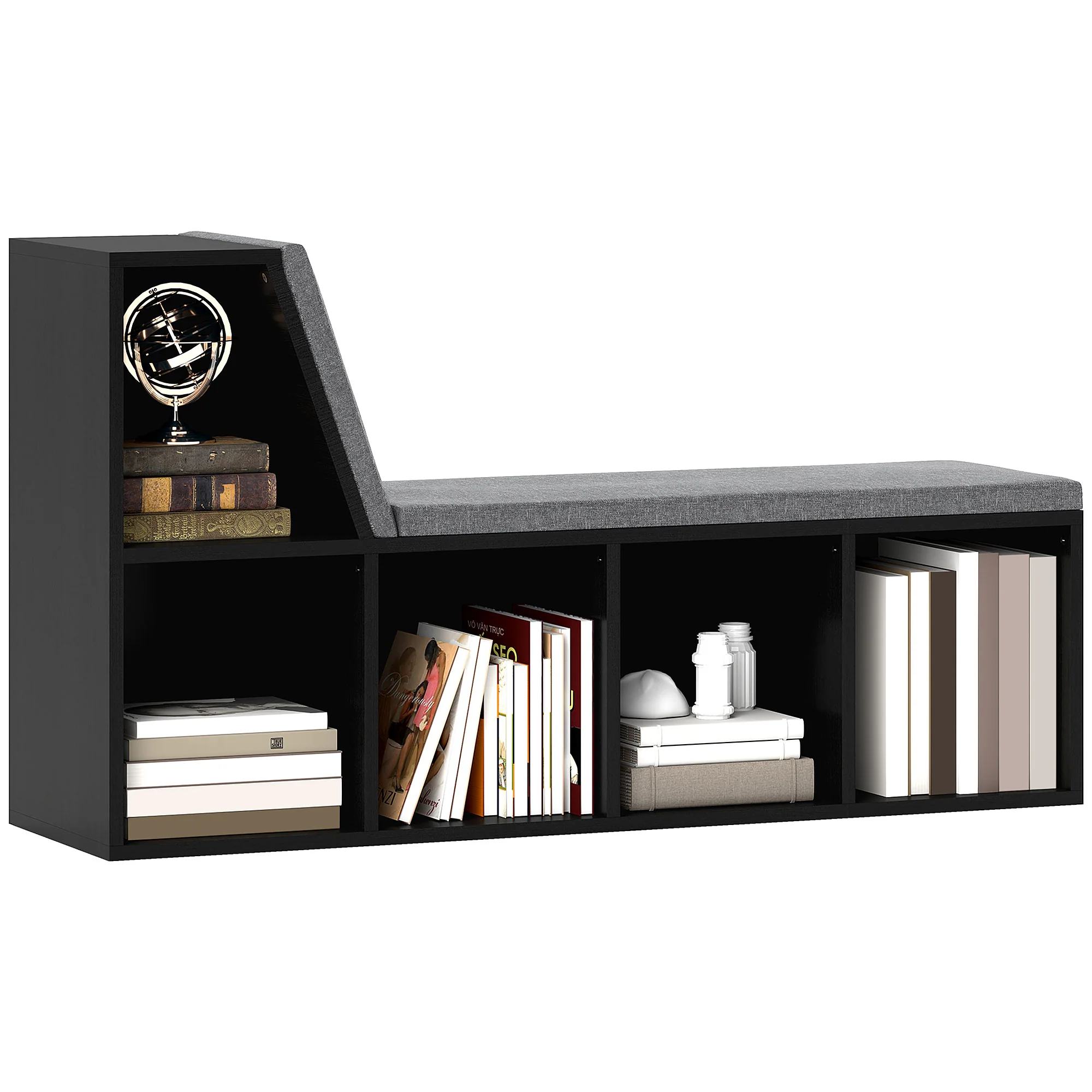 5 Cube Storage Bookshelf with Cushioned Reading Nook for Home Office, Kid Room, Distressed Black