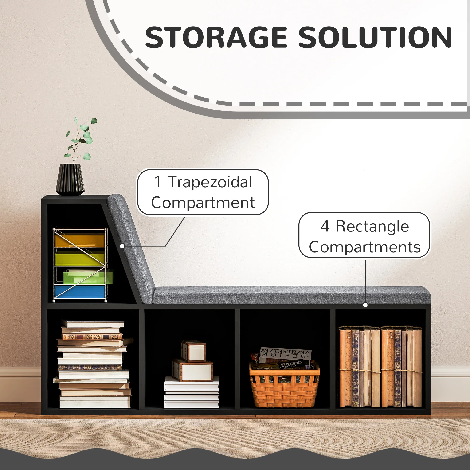 5 Cube Storage Bookshelf with Cushioned Reading Nook for Home Office, Kid Room, Distressed Black - Image 7