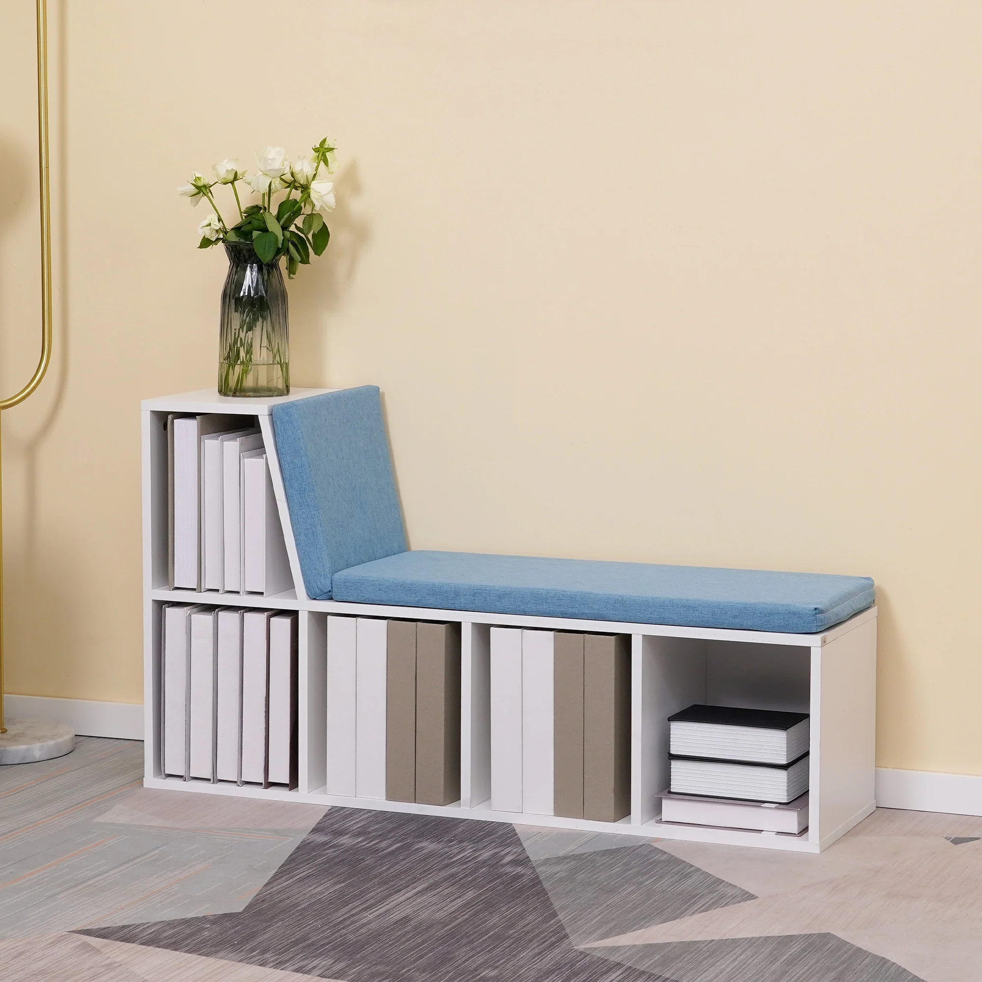 5 Cube Storage Bookshelf with Cushioned Reading Nook for Home Office, Kid Room, Blue - Image 3