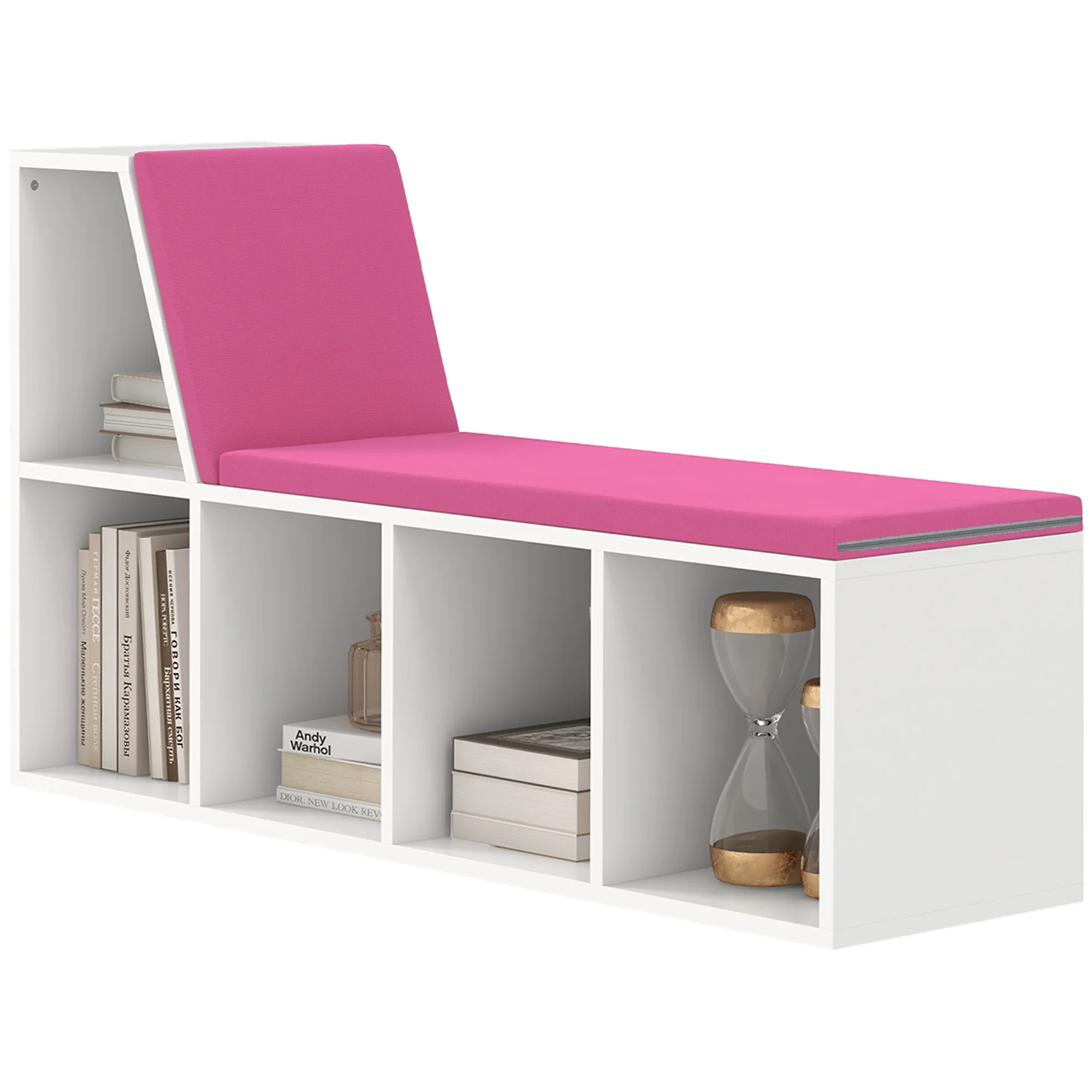 5 Cube Storage Bookshelf with Cushioned Reading Nook for Home Office, Kid Room, Pink - Image 2