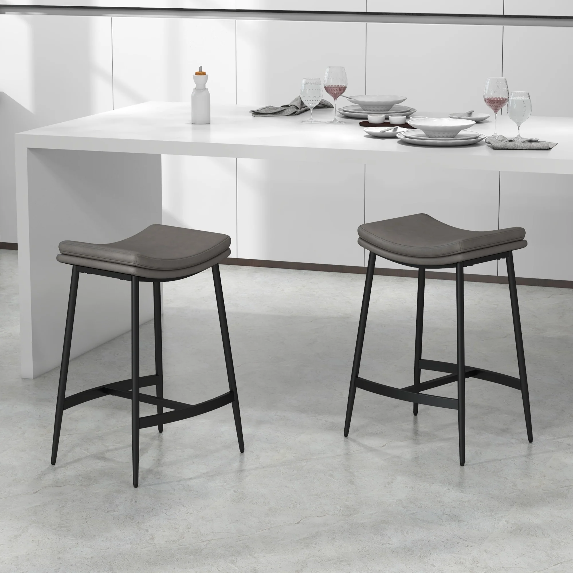 Industrial Bar Stools Set of 2, Microfibre Bar Chairs with Curved Seat, Grey - Image 3