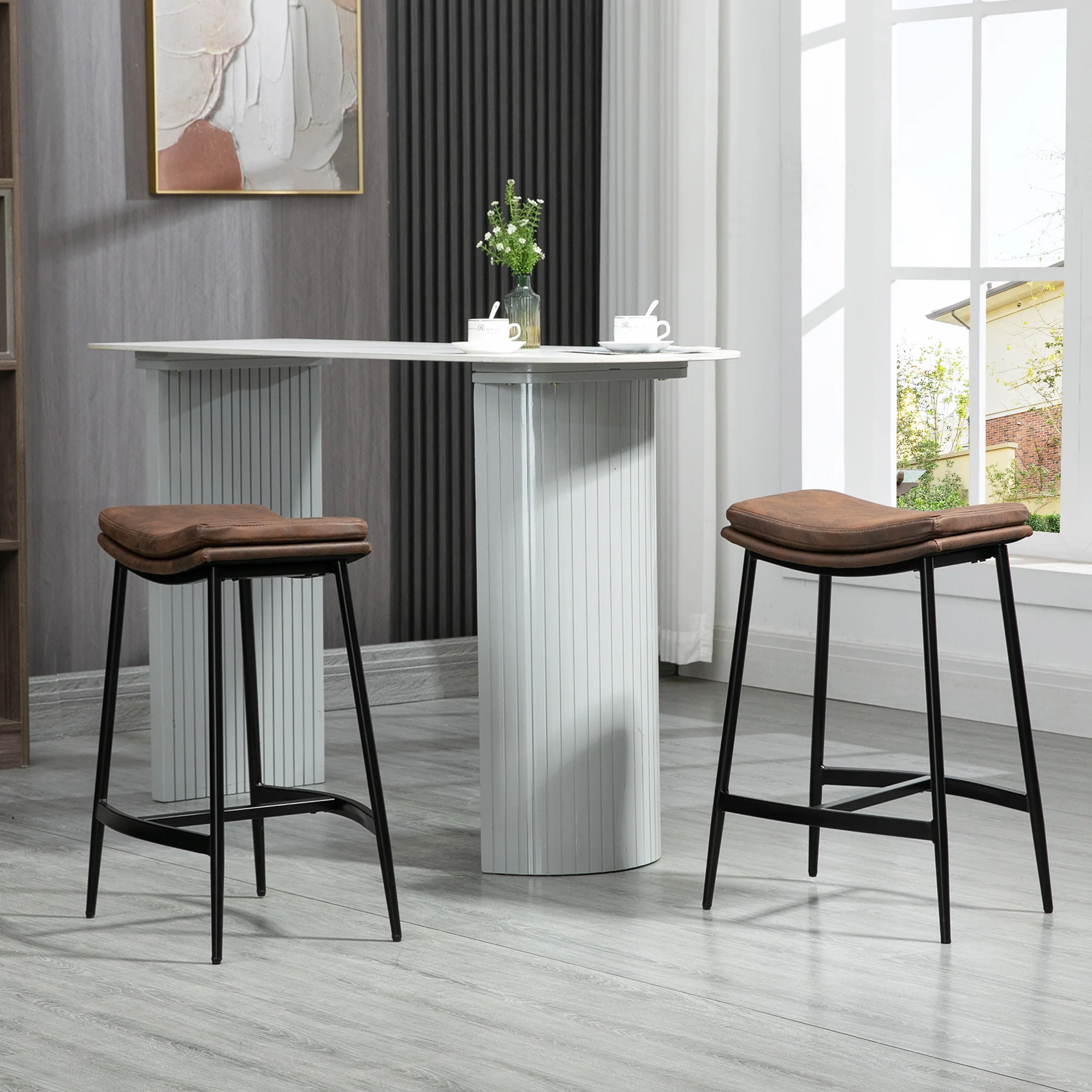 Industrial Bar Stools Set of 2, Microfibre Bar Chairs with Curved Seat, Brown - Image 3