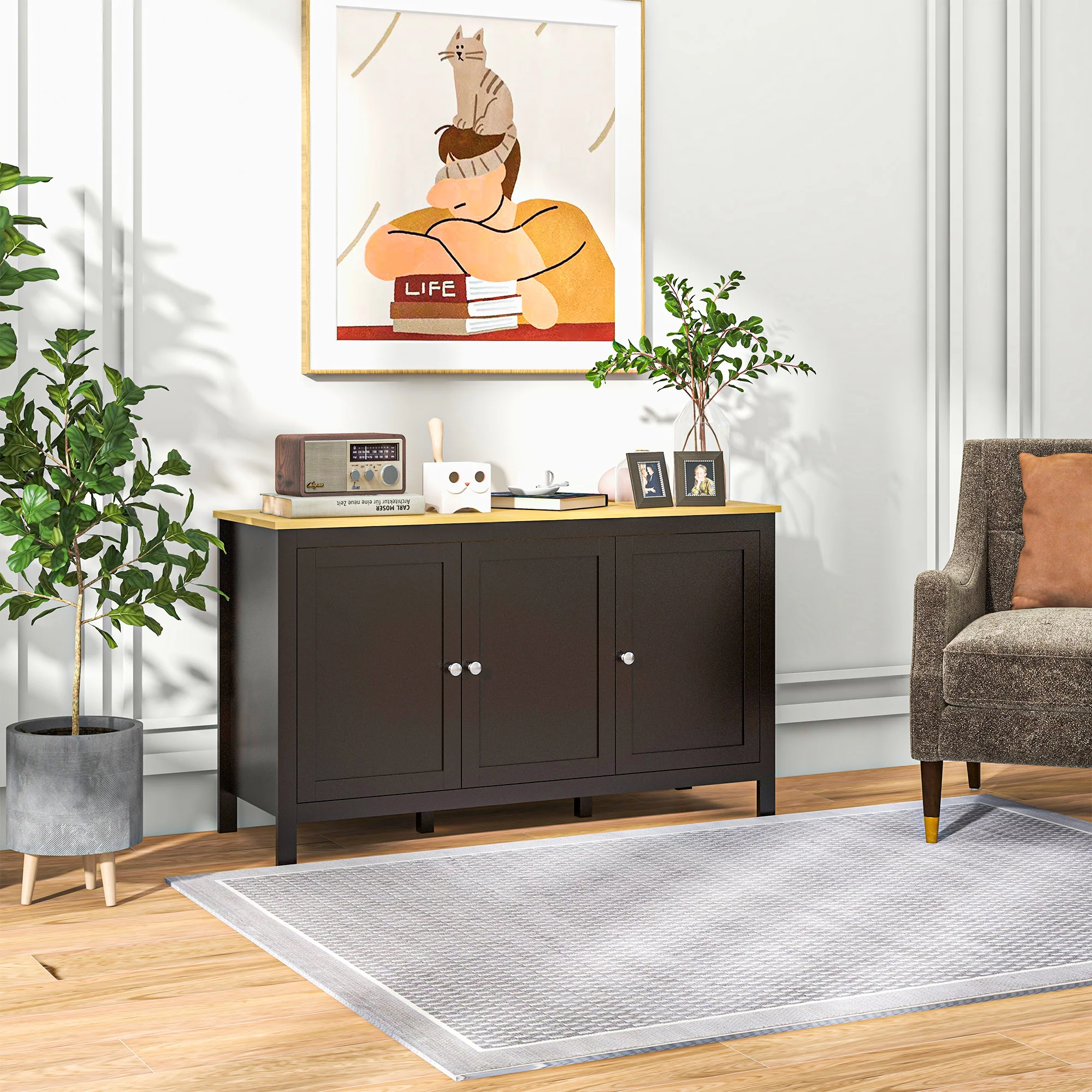 Buffet Cabinet with Doors & 2 Adjustable Shelves, Black & Natural - Image 10