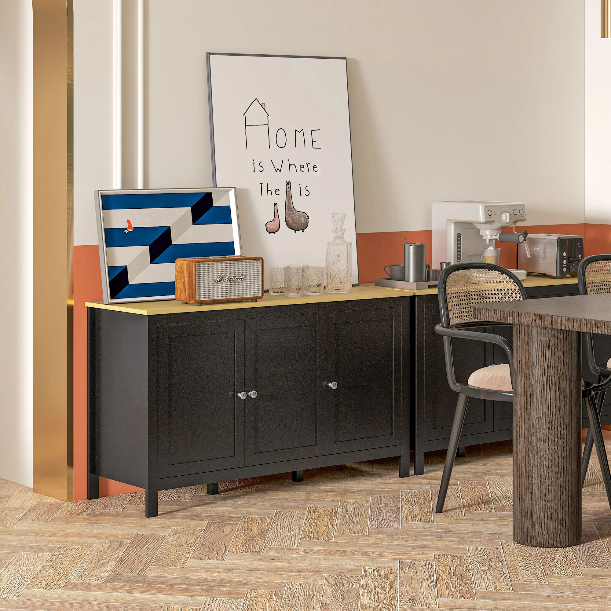 Buffet Cabinet with Doors & 2 Adjustable Shelves, Black & Natural - Image 3