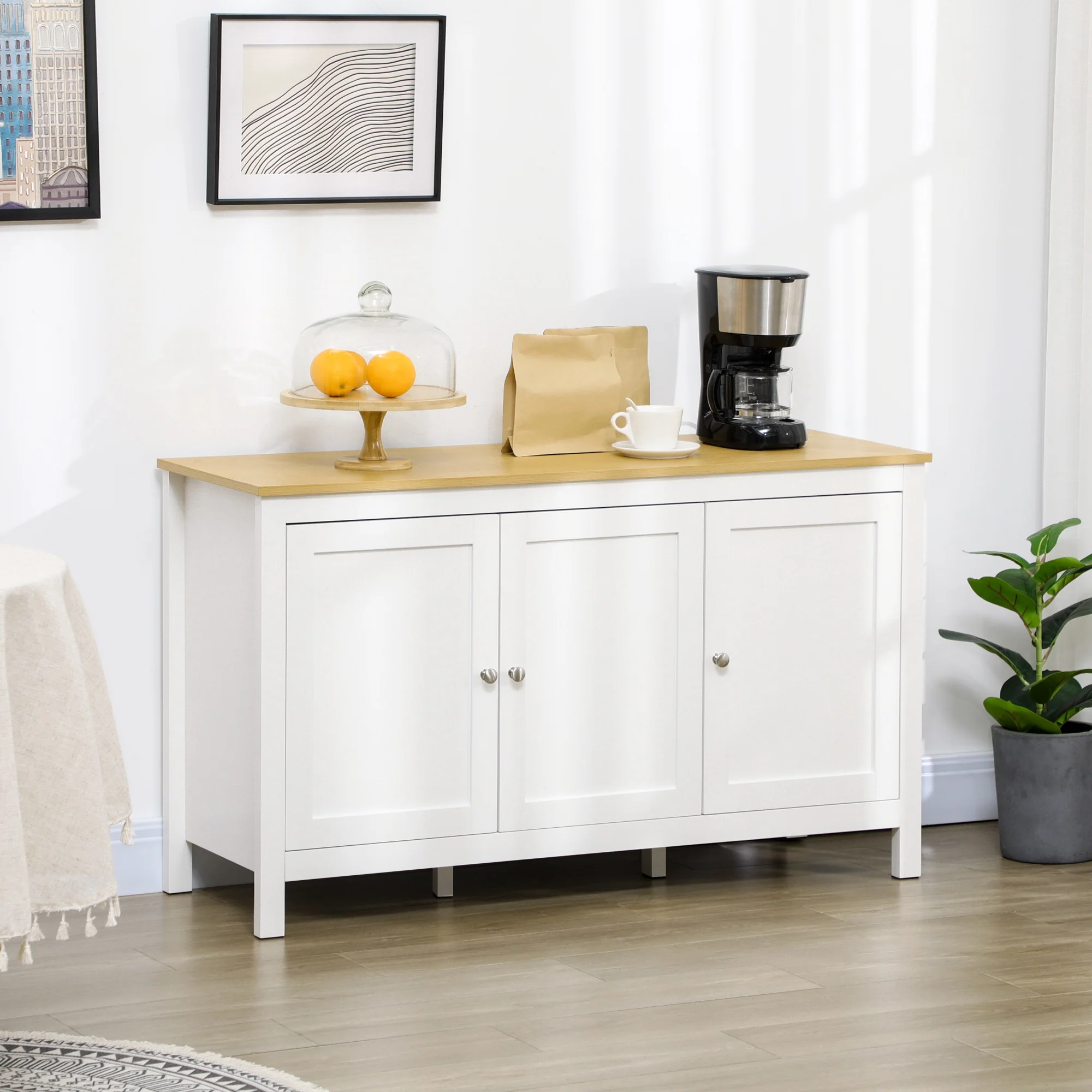 Buffet Cabinet with Doors & 2 Adjustable Shelves, White & Natural - Image 4