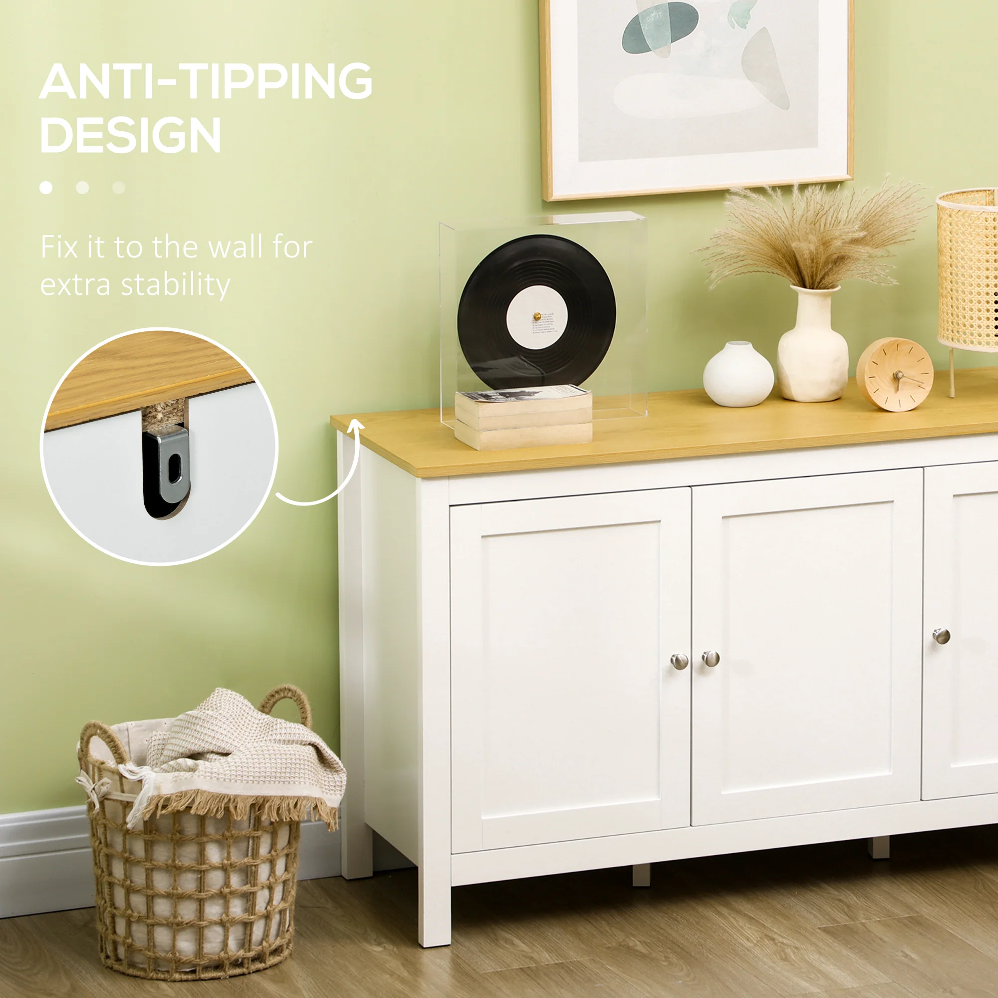 Buffet Cabinet with Doors & 2 Adjustable Shelves, White & Natural - Image 8